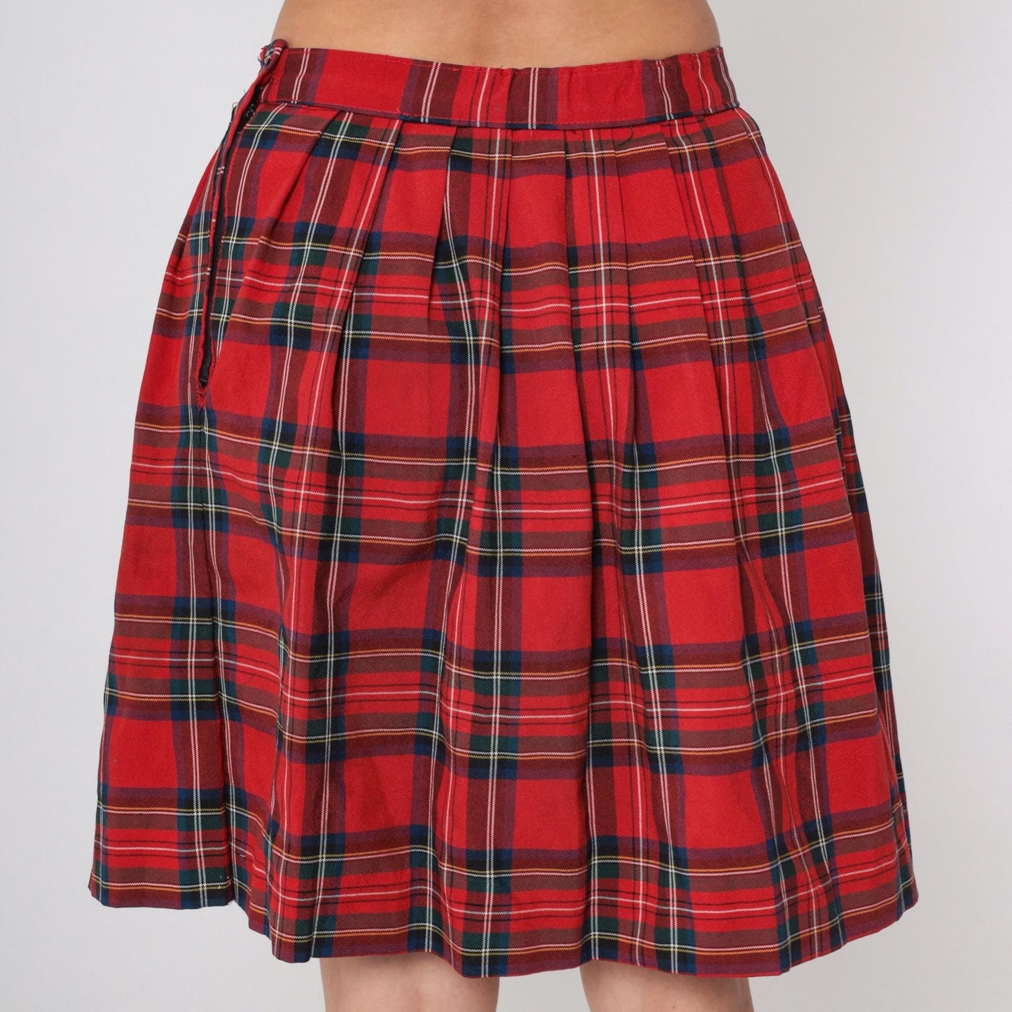 90s Red Plaid Pleated Midi Skirt High Waist Tartan Medium