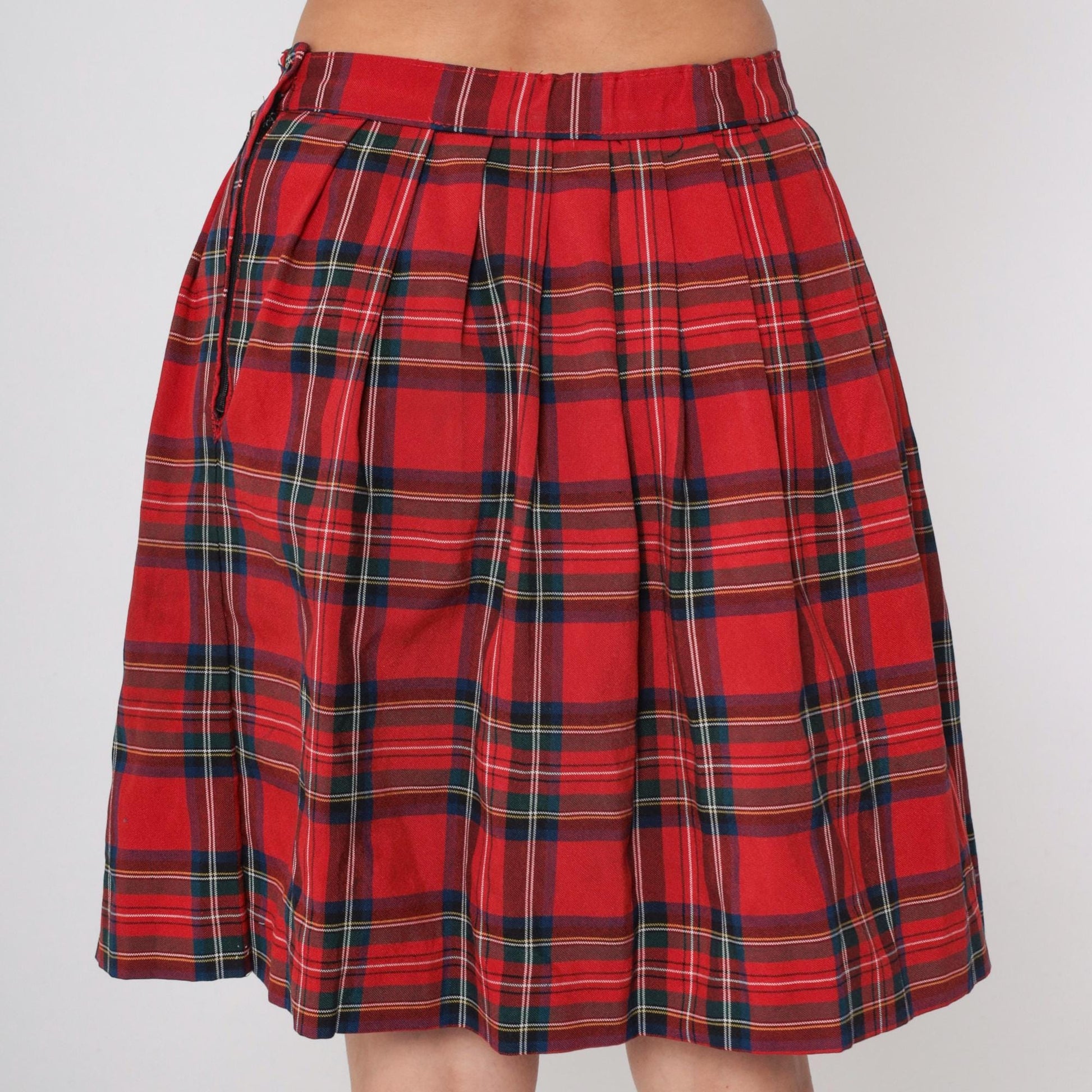 90s Red Plaid Pleated Midi Skirt High Waist Tartan Medium