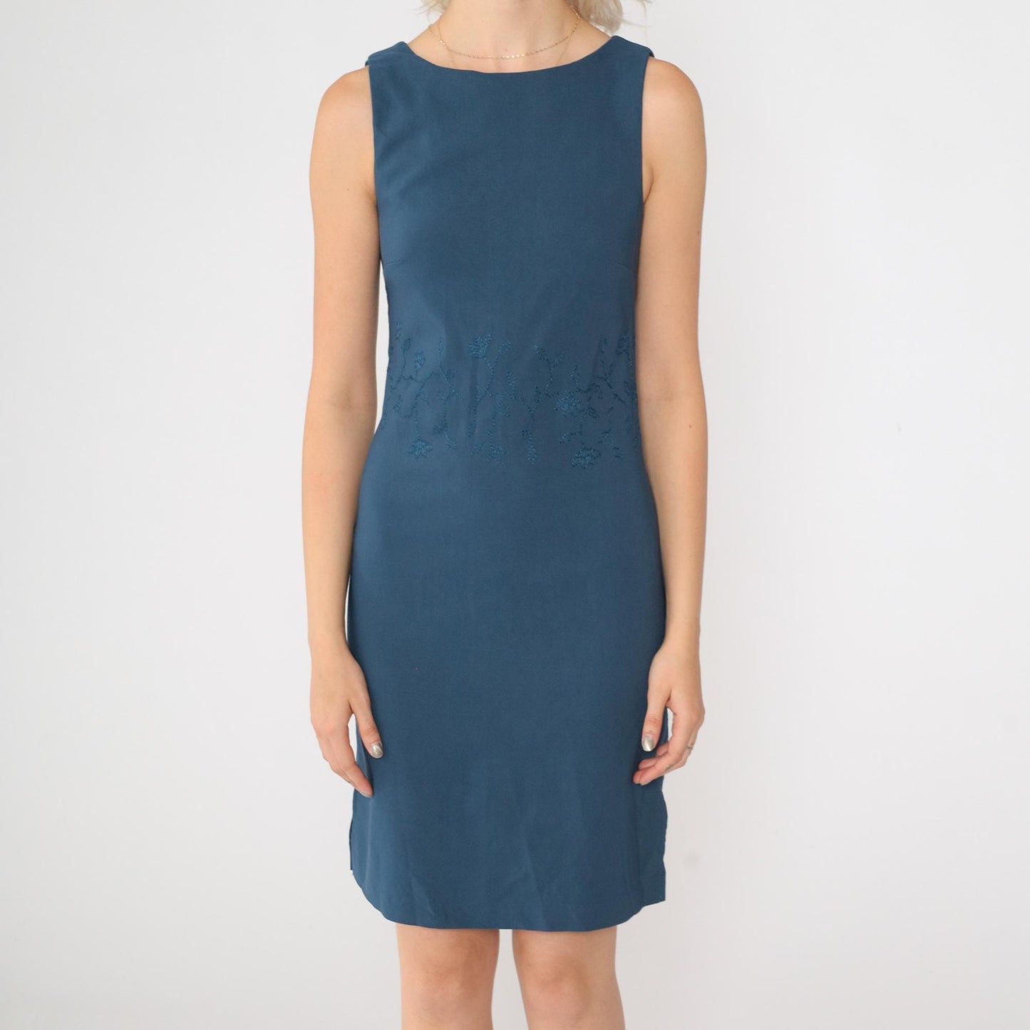 90s Blue Floral Embroidered Sheath Mini Dress Sleeveless Extra Small