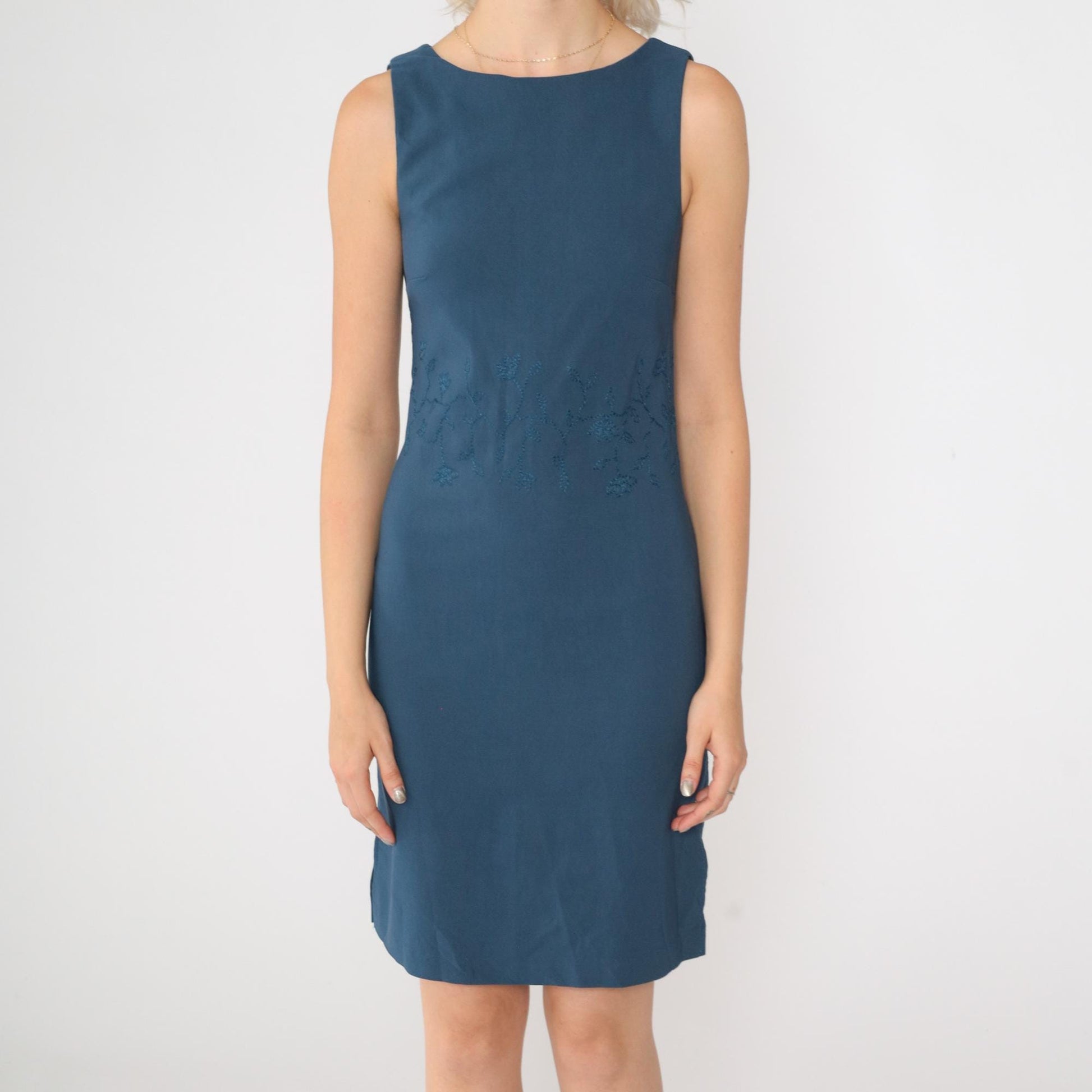 90s Blue Floral Embroidered Sheath Mini Dress Sleeveless Extra Small