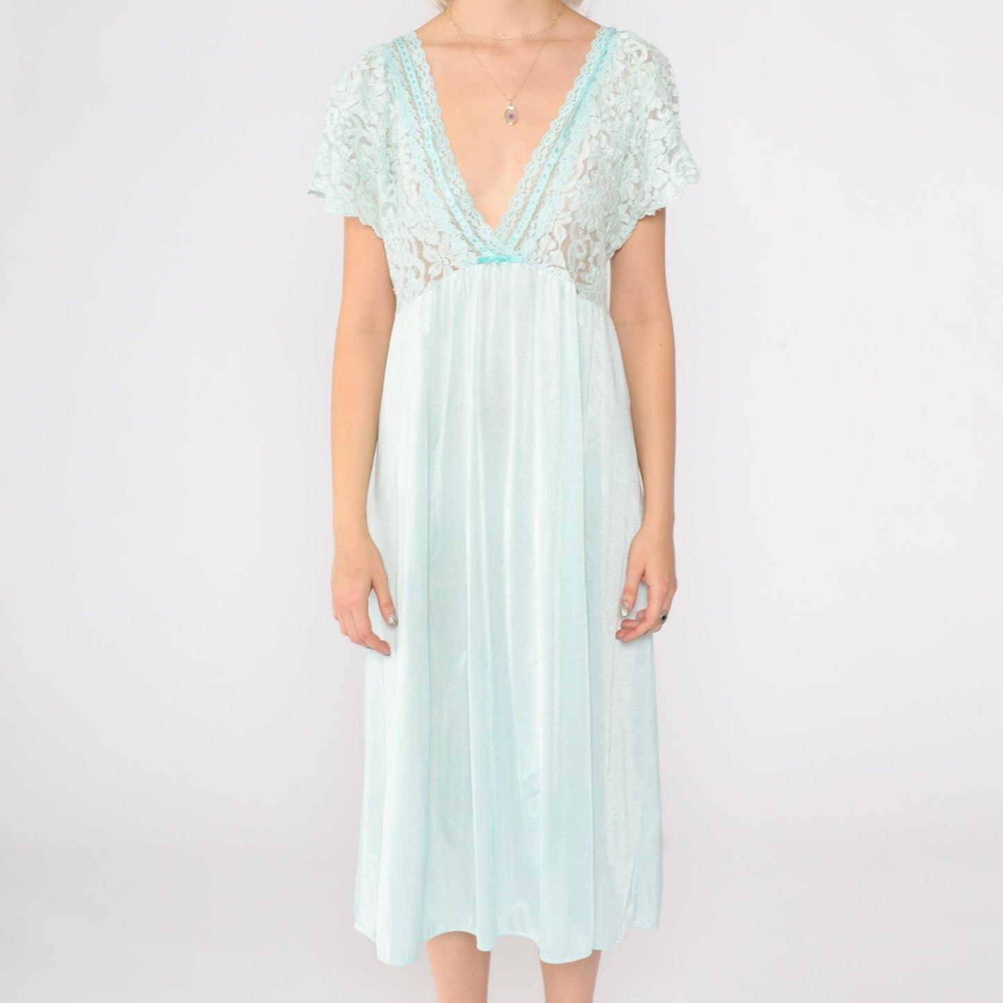80s Aqua Lace Slip Dress Sheer Flutter Sleeve Nightgown Medium