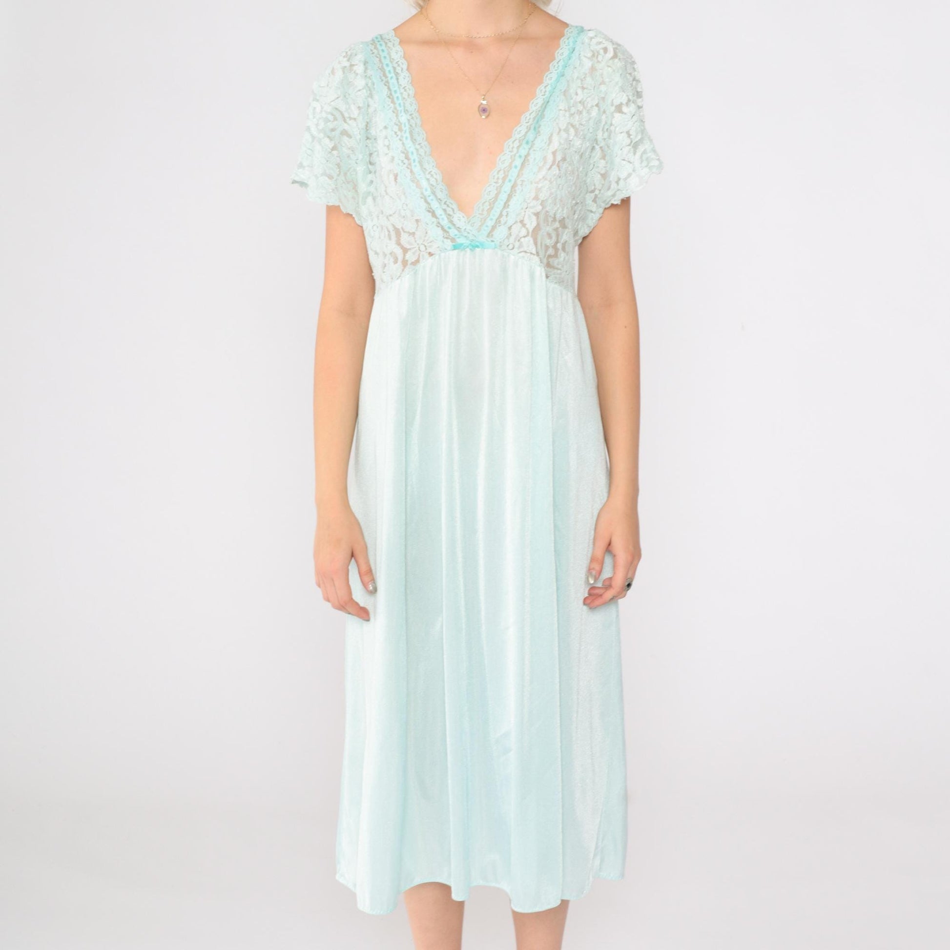 80s Aqua Lace Slip Dress Sheer Flutter Sleeve Nightgown Medium
