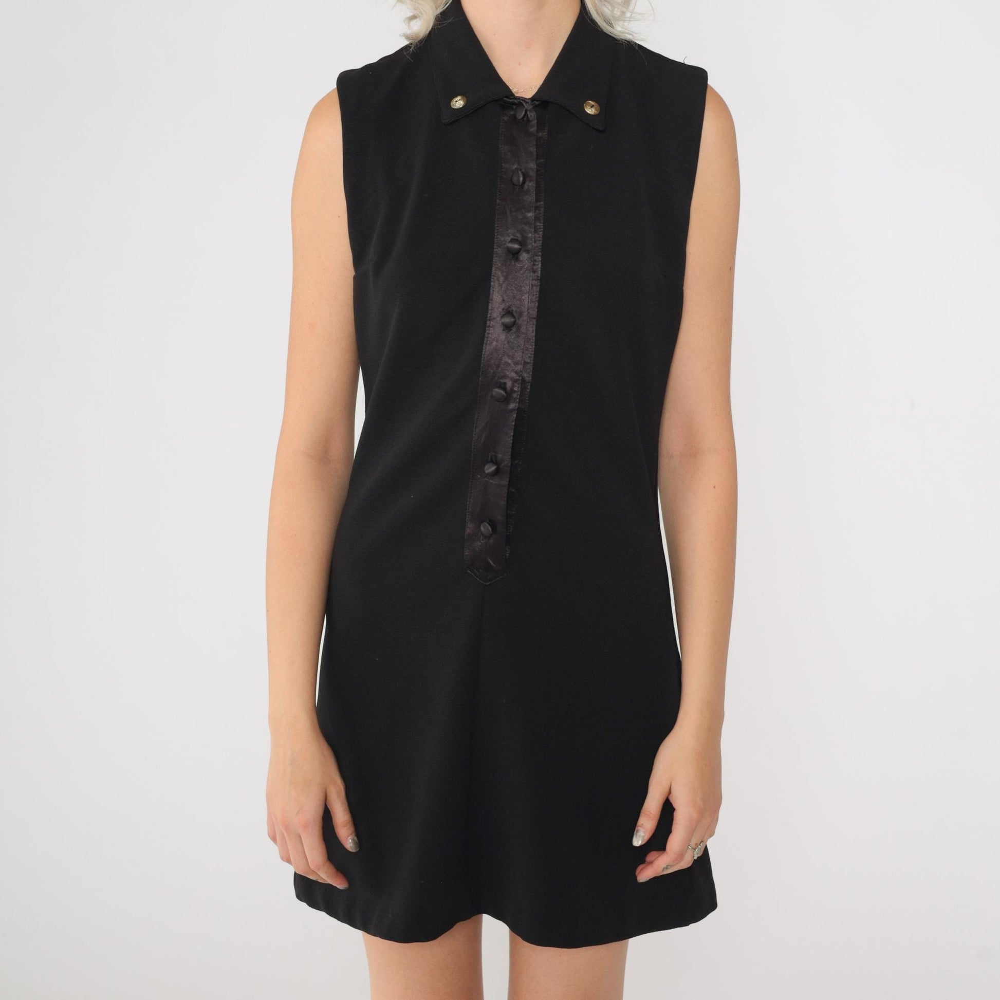 90s Black Button-Up Mini Dress Sleeveless Shift Small