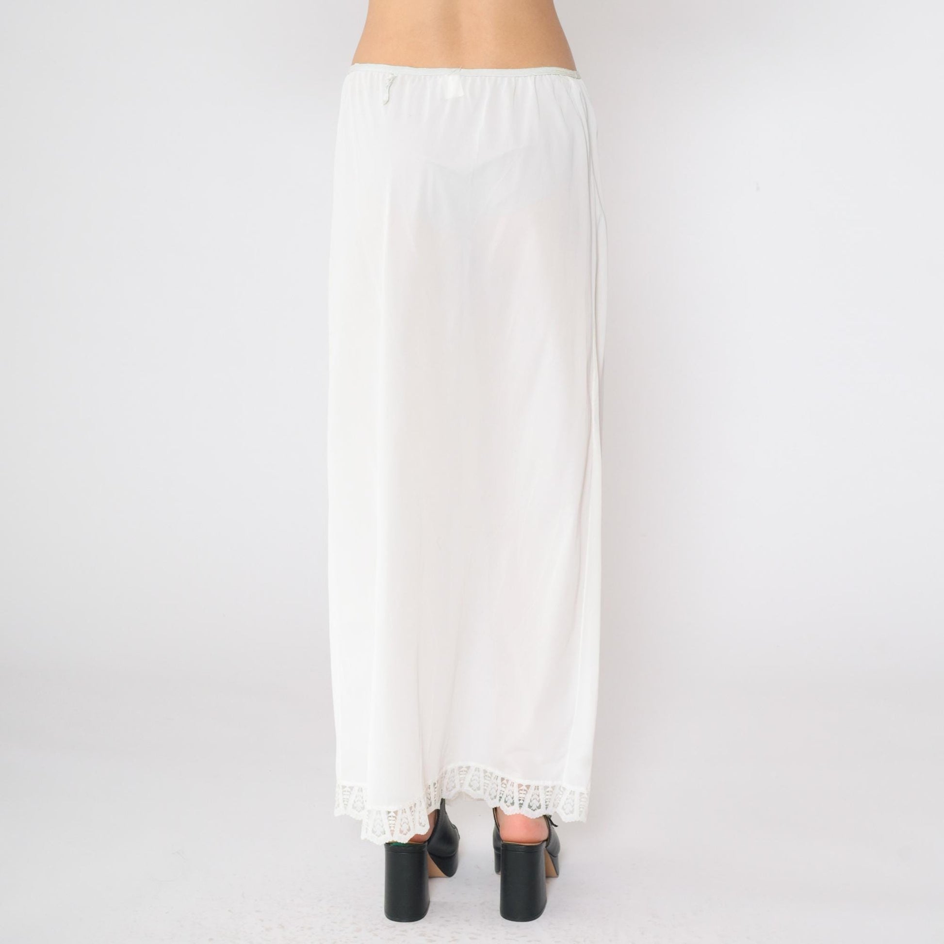 70s White Lace Slip Skirt Semi-Sheer Front Slit Maxi Medium Large