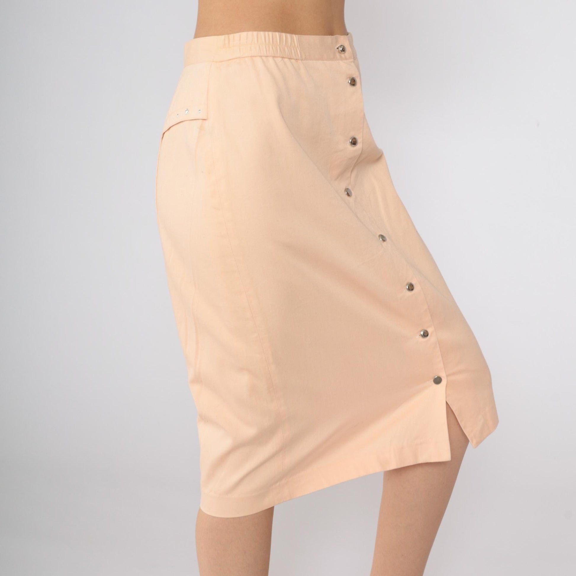 80s Peach Snap-Front Midi Skirt Studded Sides High Waist Medium