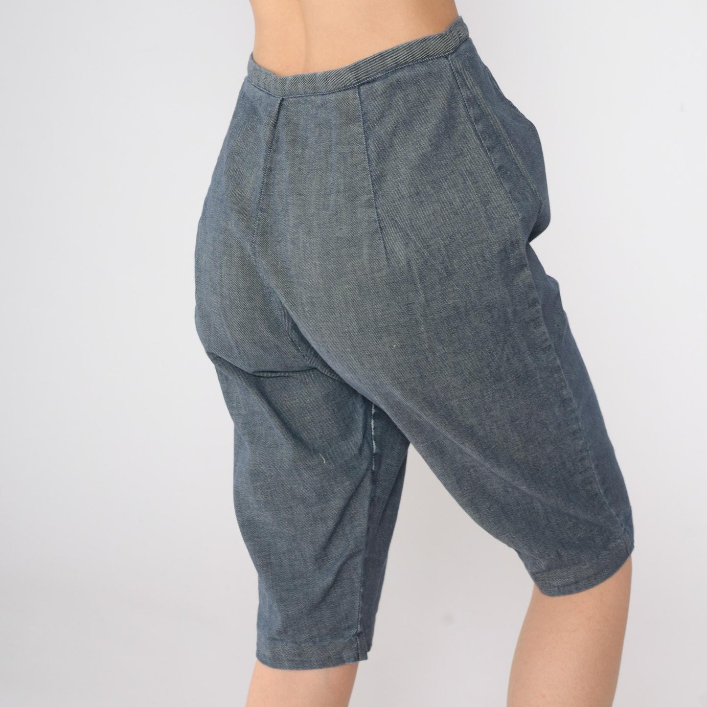 60s Blue Chambray Capri Pants High Waist Side Zipper Knee Length Small