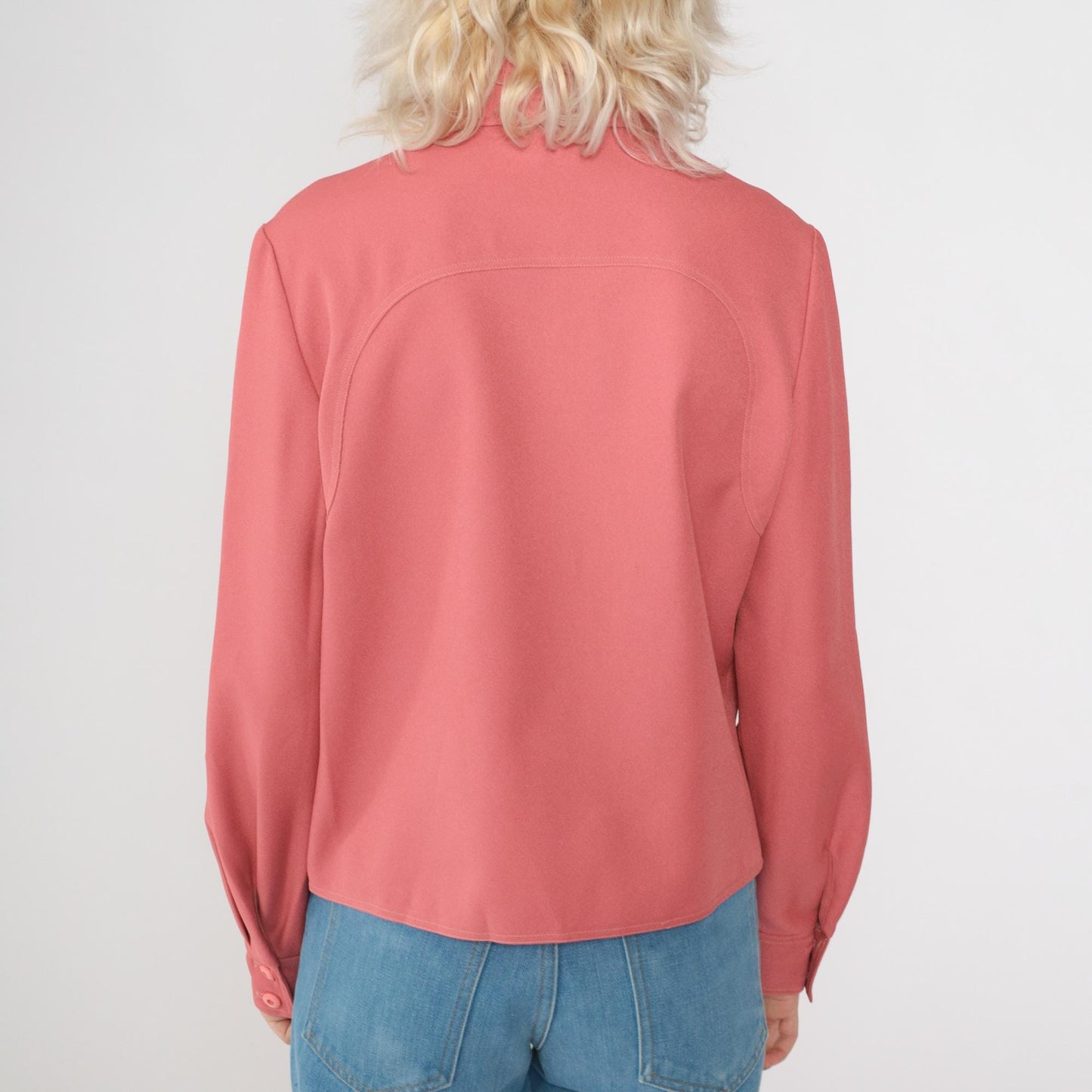 70s Pink Dagger Collar Button-Up Blouse Long Sleeve Chest Pocket Medium