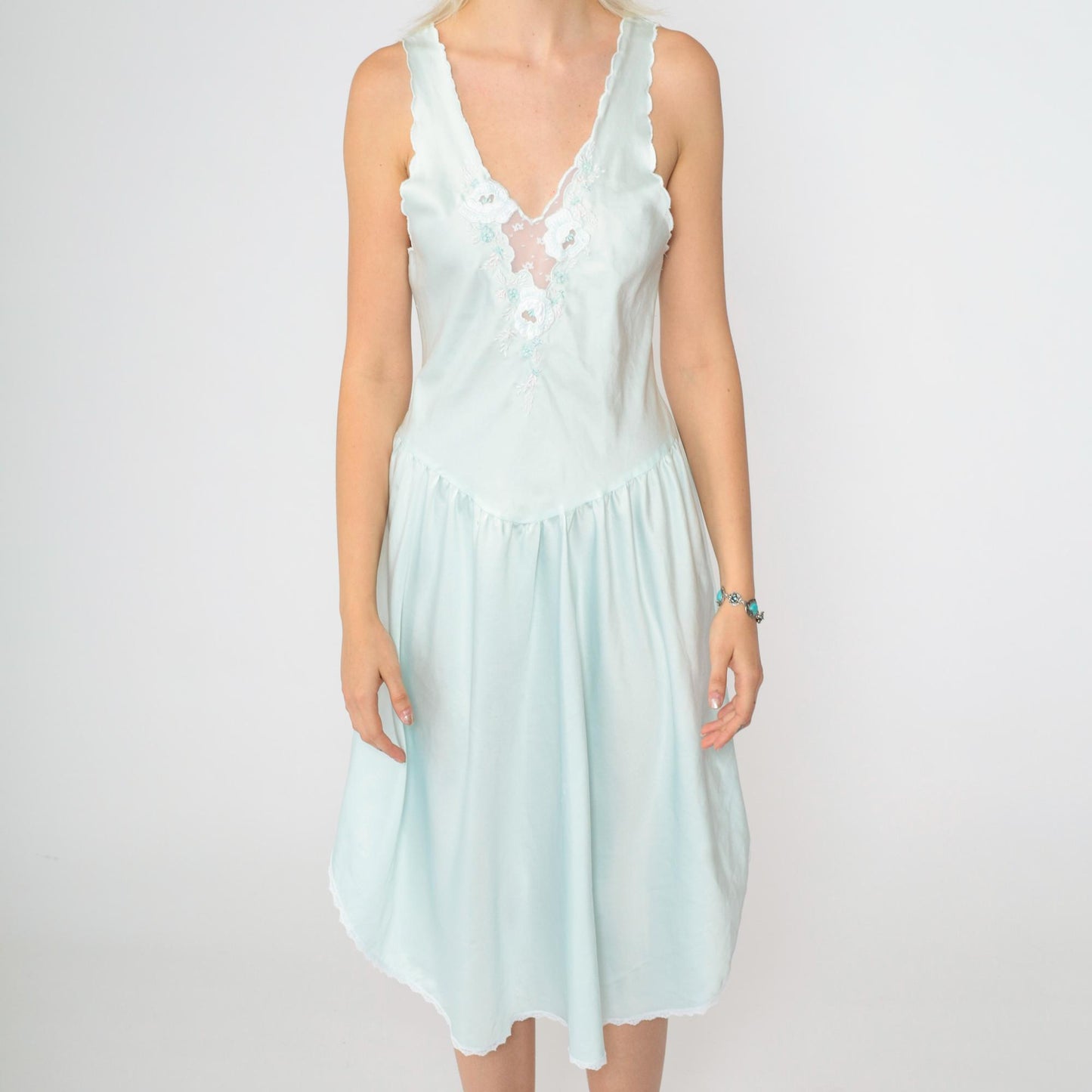 80s Baby Blue Satin Slip Dress Floral Embroidered Lace Midi Nightgown Extra Small