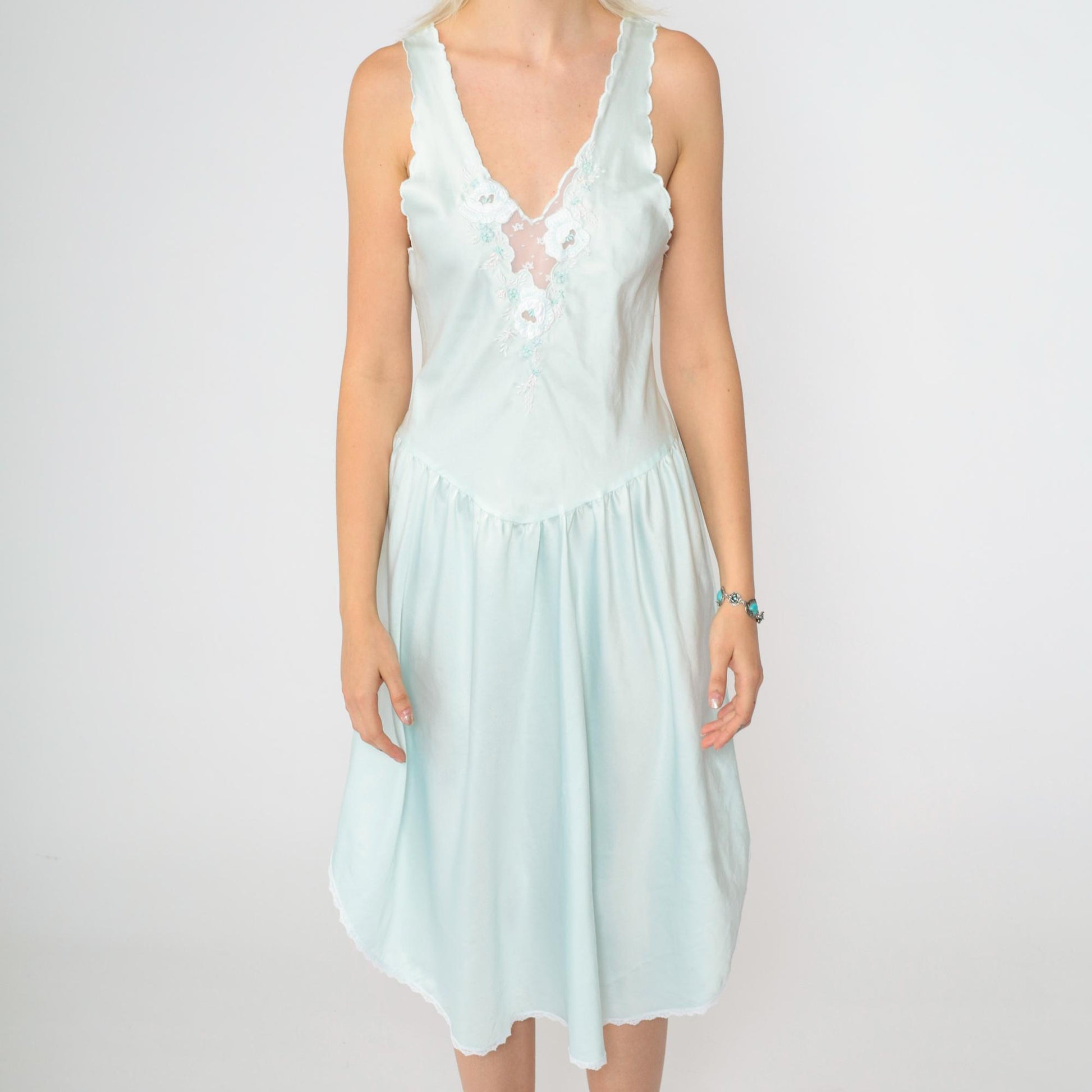 80s Baby Blue Satin Slip Dress Floral Embroidered Lace Midi Nightgown Extra Small