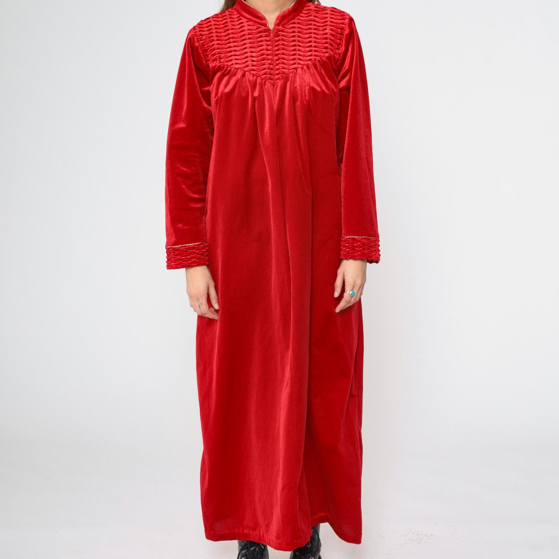 90s Red Velour Maxi Robe Dress Zip Front Gold Trim Large XL