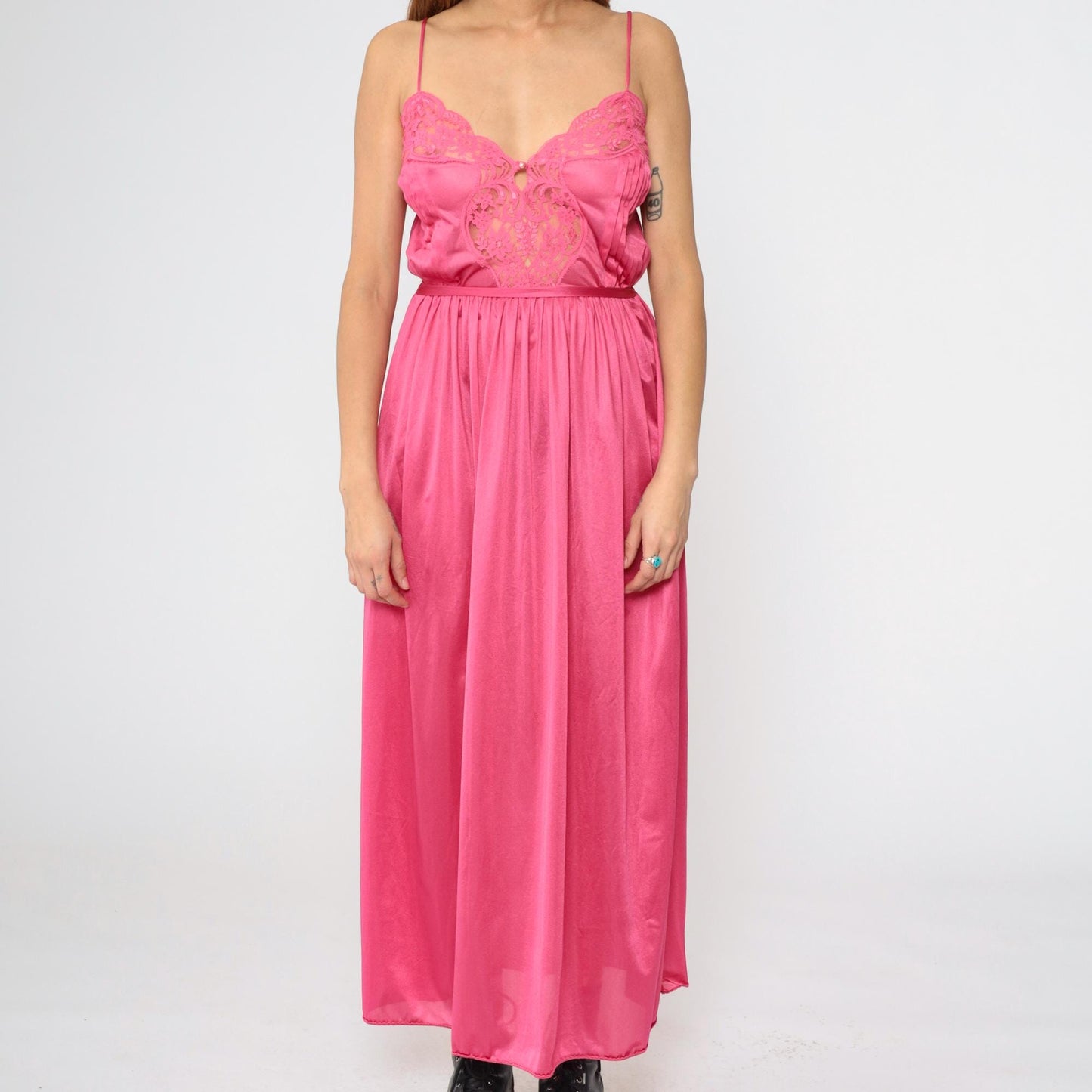 70s Lily of France Deep Pink Lace Maxi Slip Nightgown Spaghetti Strap Small S