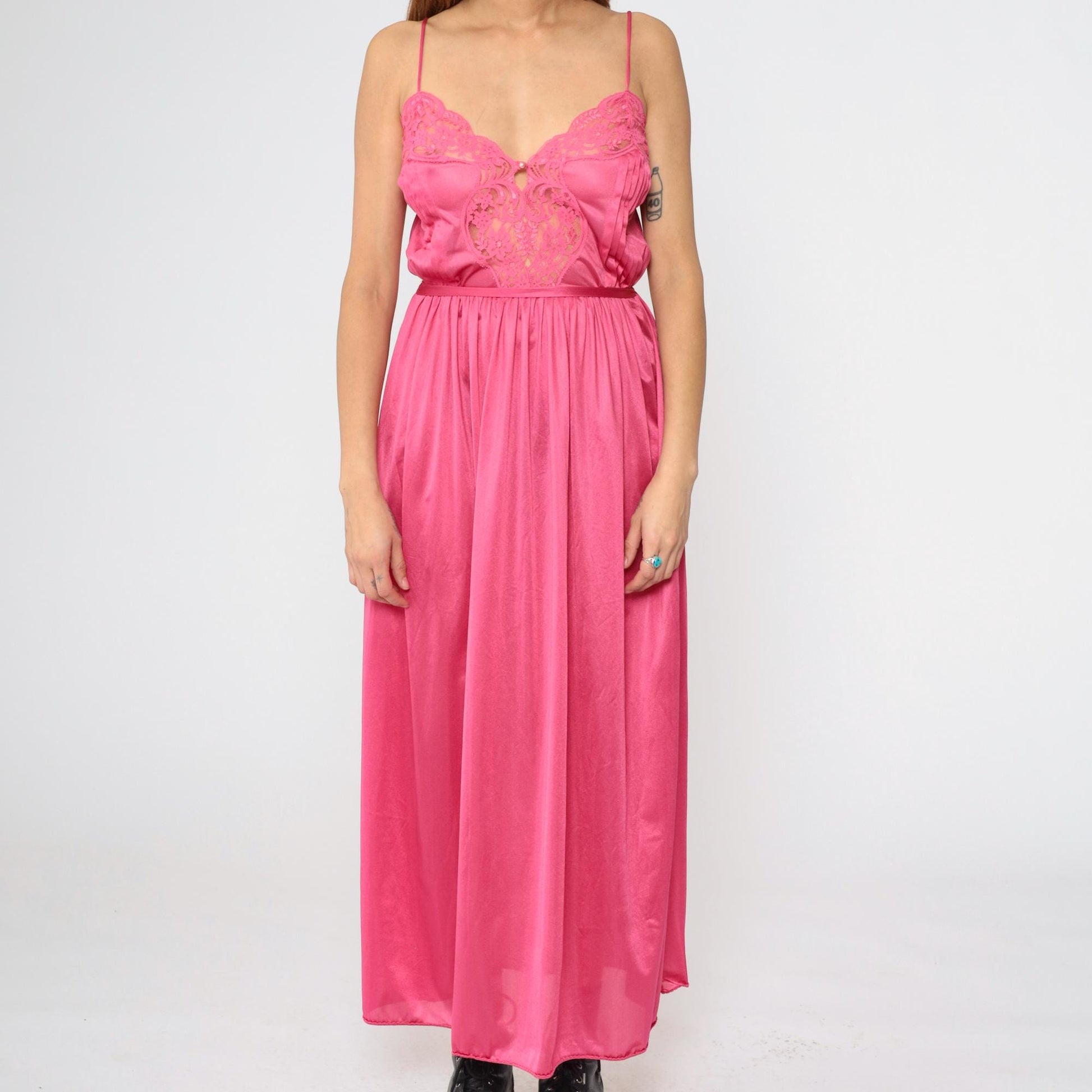 70s Lily of France Deep Pink Lace Maxi Slip Nightgown Spaghetti Strap Small S