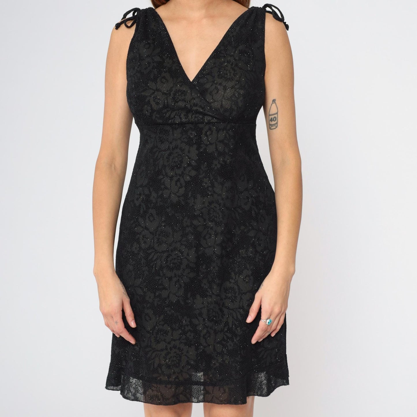 90s Y2K Black Floral Metallic Mini Dress Empire Waist V-Neck Small