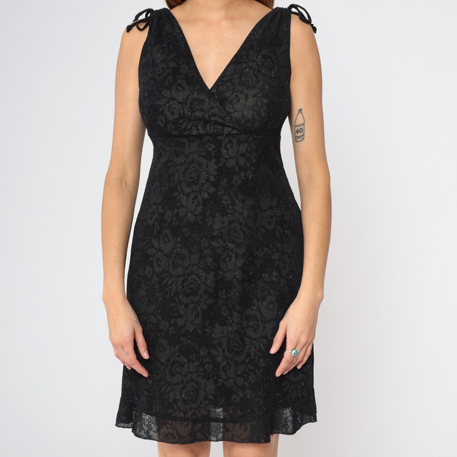 90s Y2K Black Floral Metallic Mini Dress Empire Waist V-Neck Small