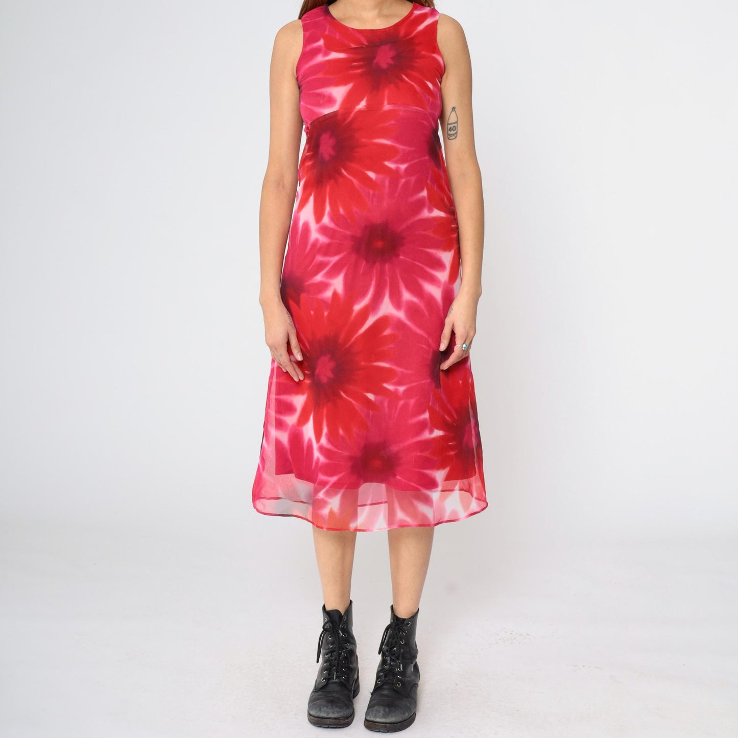 90s Red Pink Floral Midi Dress Empire Waist Sleeveless Round Neck Extra Small