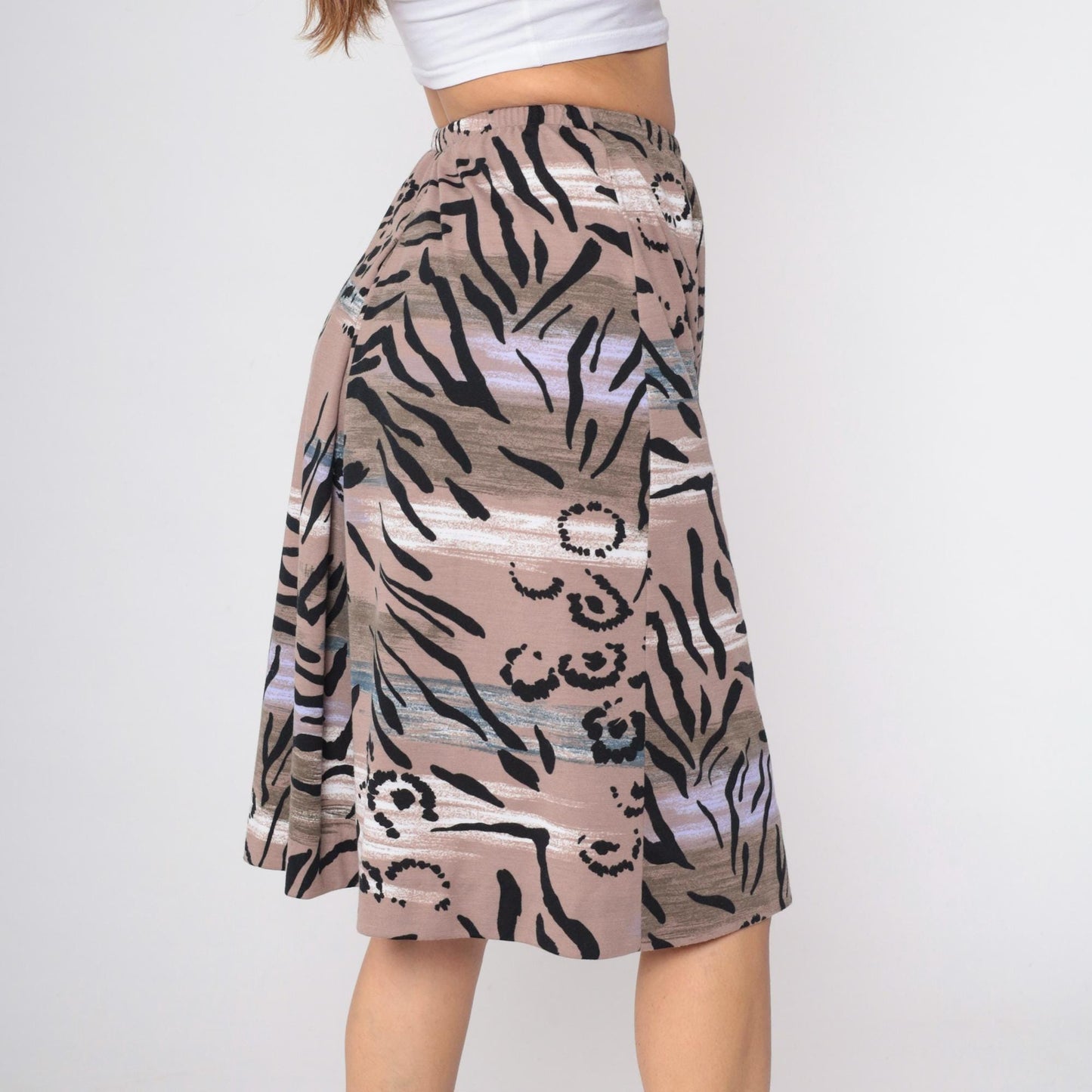90s Abstract Floral Midi Skirt High Waist Tropical Leaf Print Taupe Small