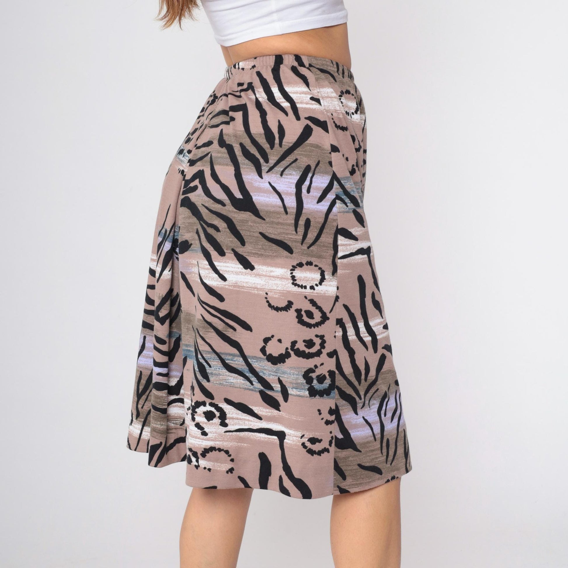 90s Abstract Floral Midi Skirt High Waist Tropical Leaf Print Taupe Small