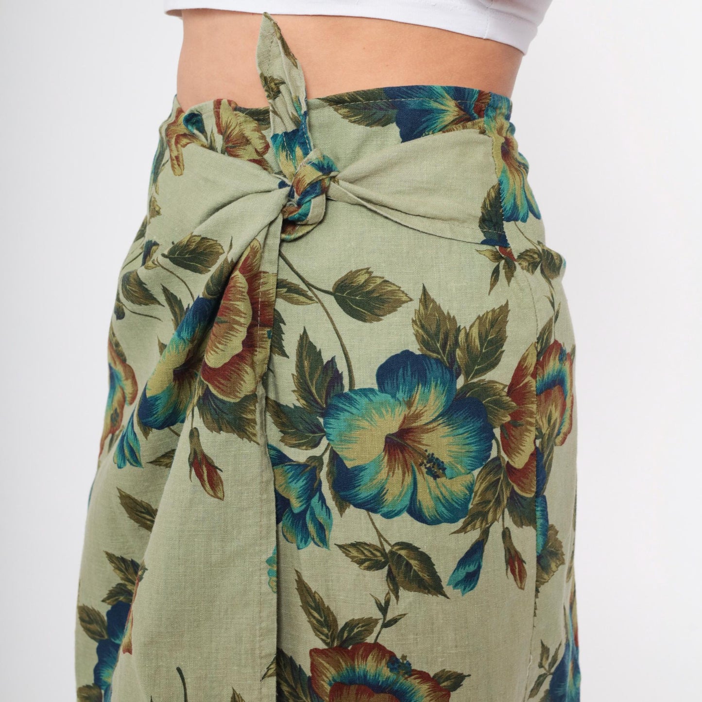90s Express Tropical Floral Wrap Skirt Green Mini Linen Cotton Small