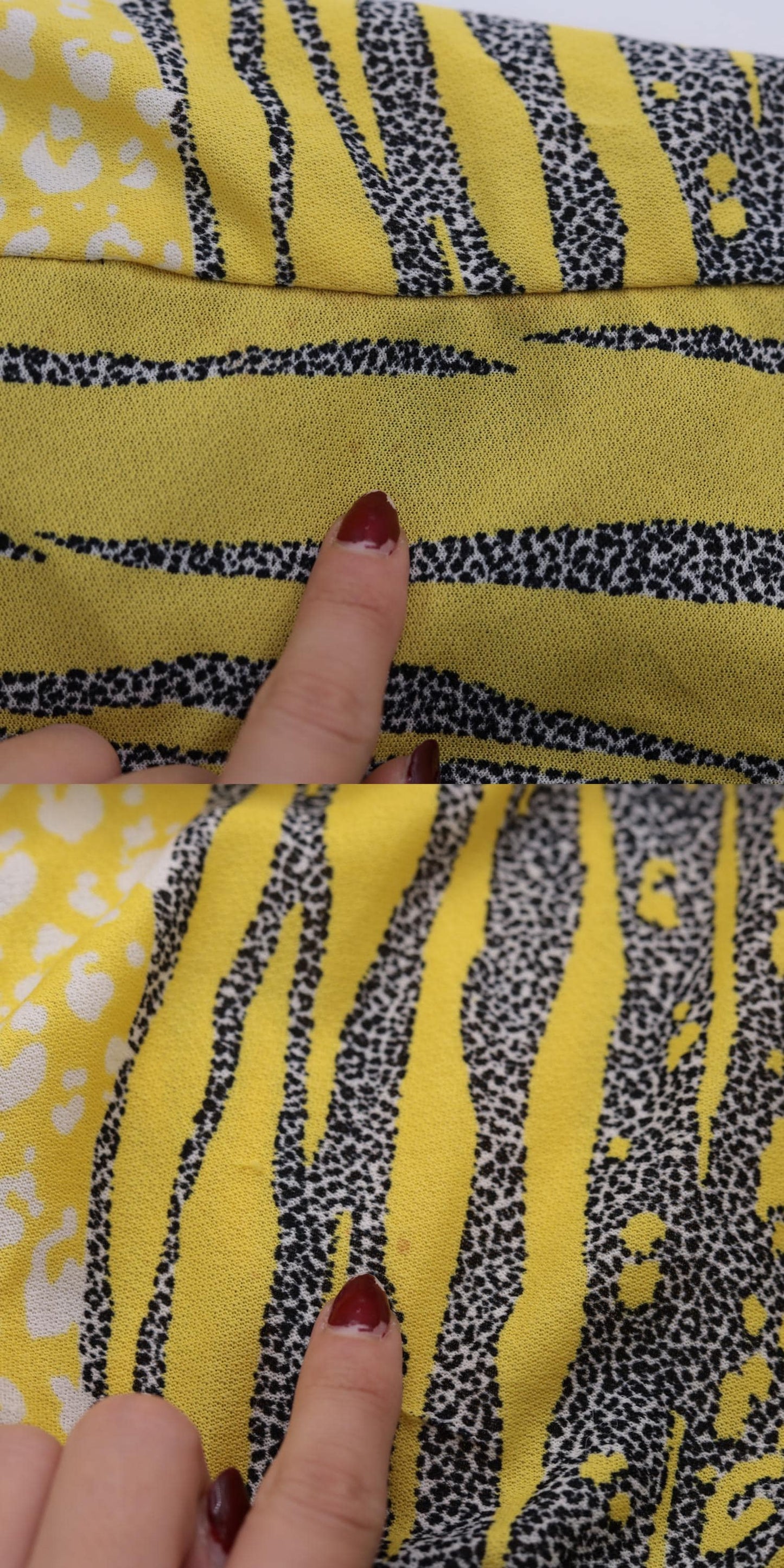 80s Yellow Leopard Striped Midi Dress Puff Sleeve Peplum Bow Drop Waist Large