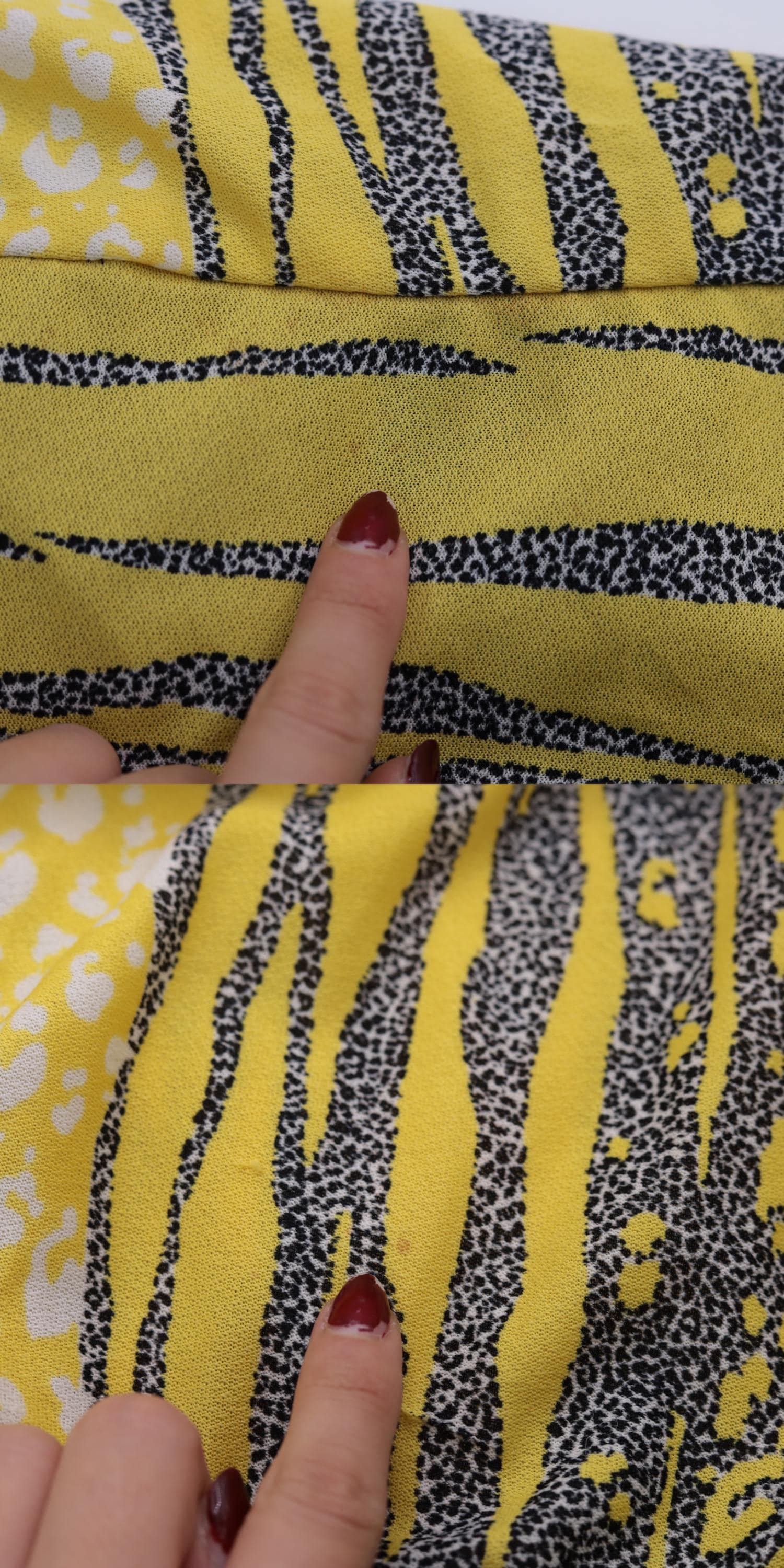 80s Yellow Leopard Striped Midi Dress Puff Sleeve Peplum Bow Drop Waist Large