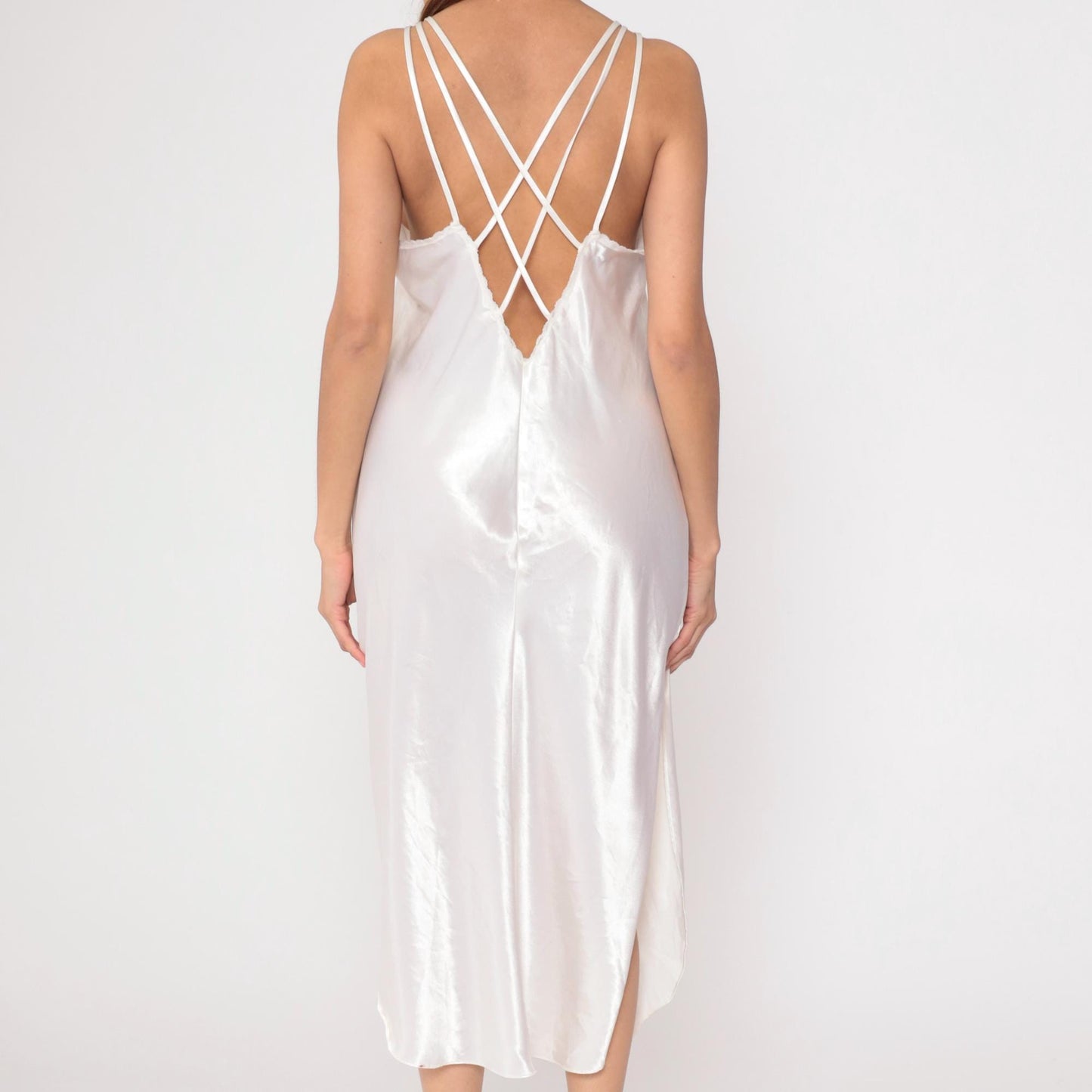 90s White Satin Slip Dress Midi Lace Trim Criss-Cross Back Large