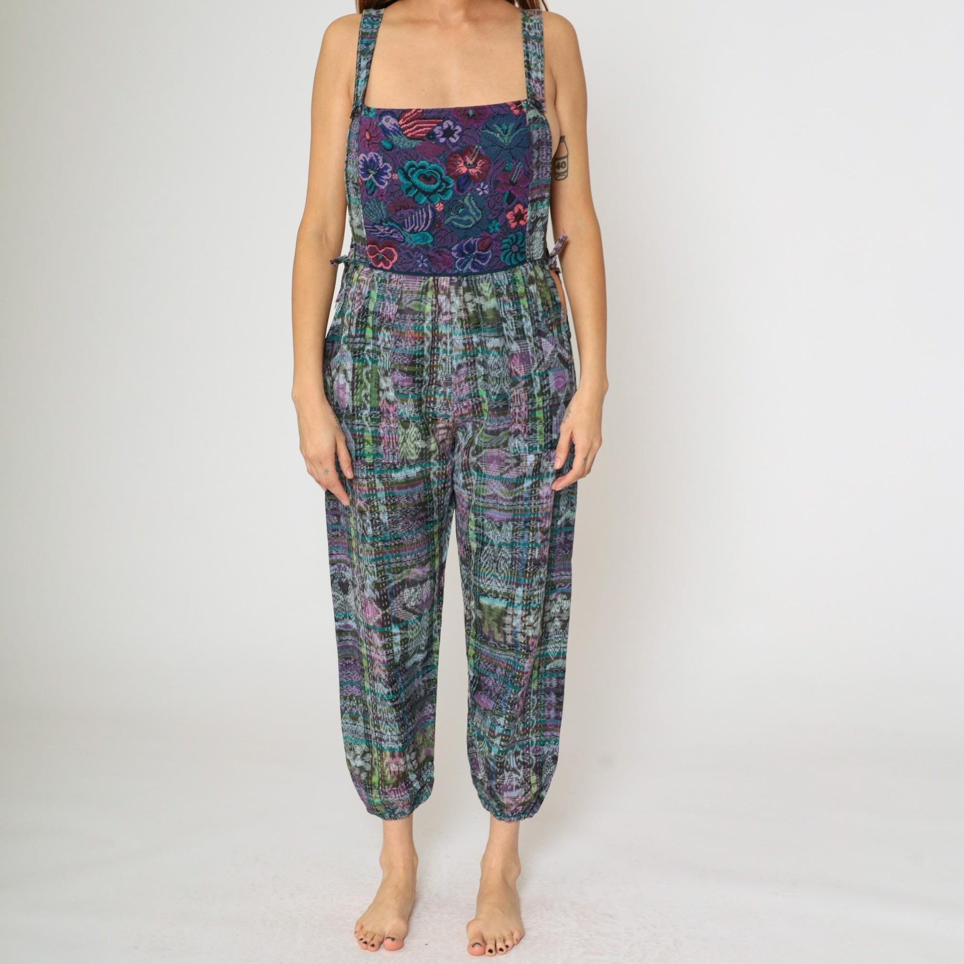 90s Guatemalan Patchwork Jumpsuit Floral Bird Print Square Neck Open Sides Large