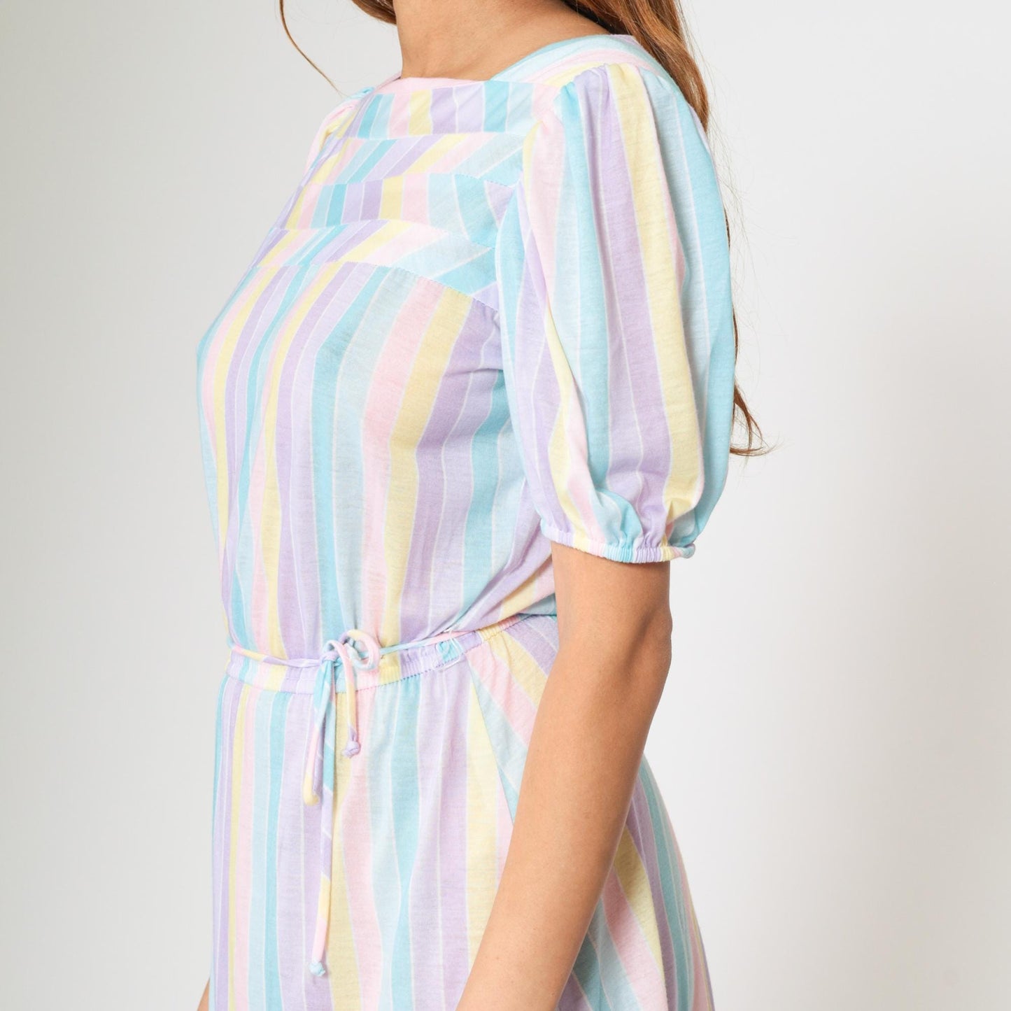 80s Pastel Striped Midi Dress Puff Sleeve Elastic Waist Small Medium
