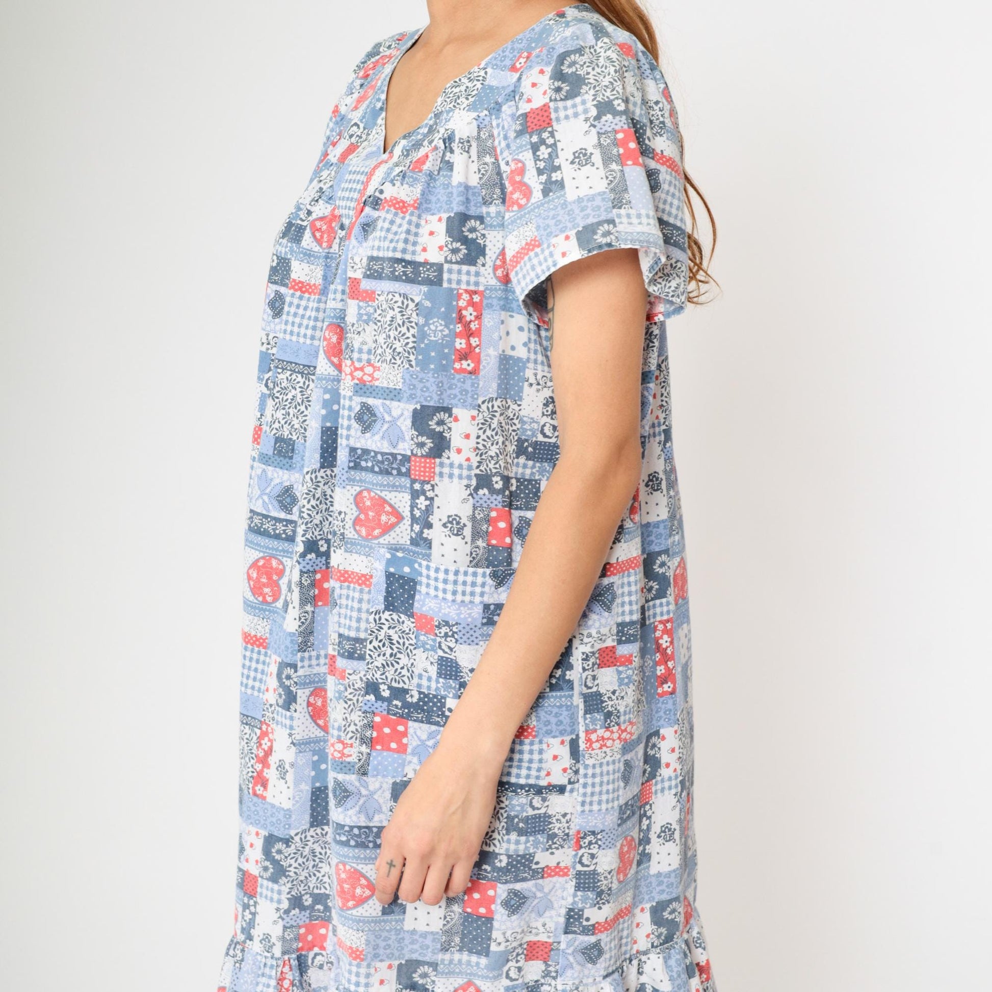 80s Patchwork Floral Heart Print Midi Dress Red White Blue V-Neck Large