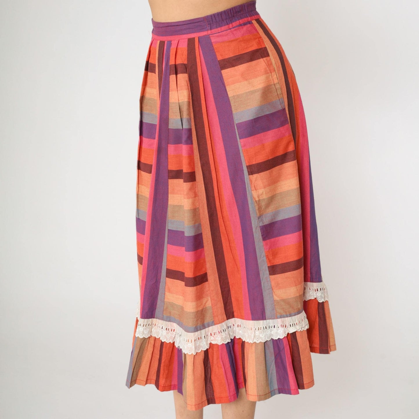 80s Striped Prairie Midi Skirt Pink Purple Orange Lace High Waisted Small
