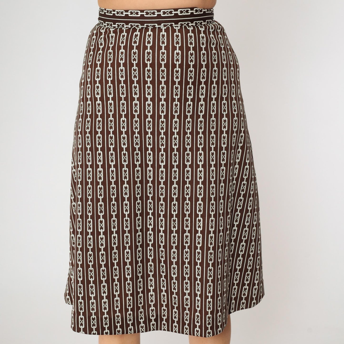 60s Brown Chain Print Midi Skirt A-Line High Waist Flared Small
