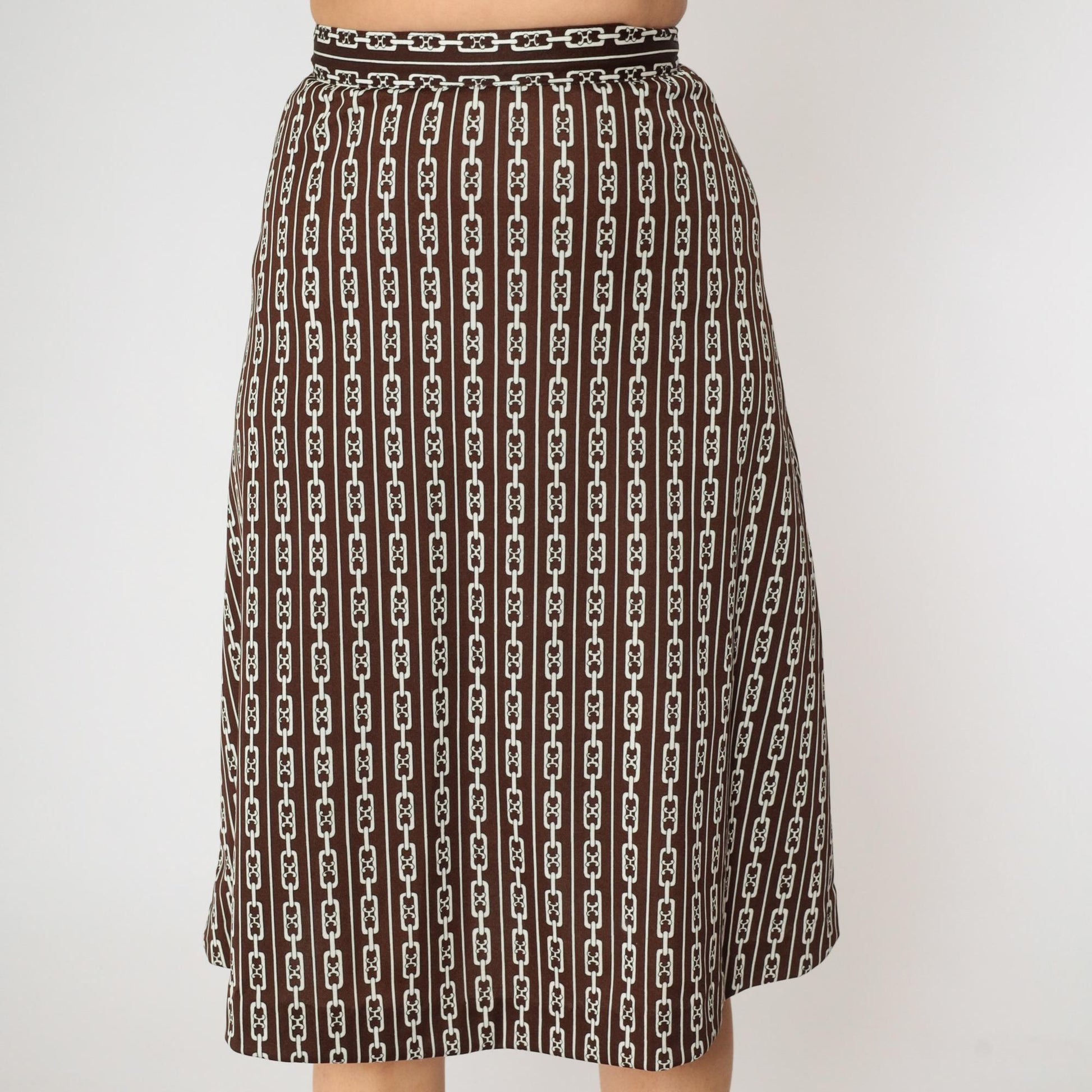 60s Brown Chain Print Midi Skirt A-Line High Waist Flared Small