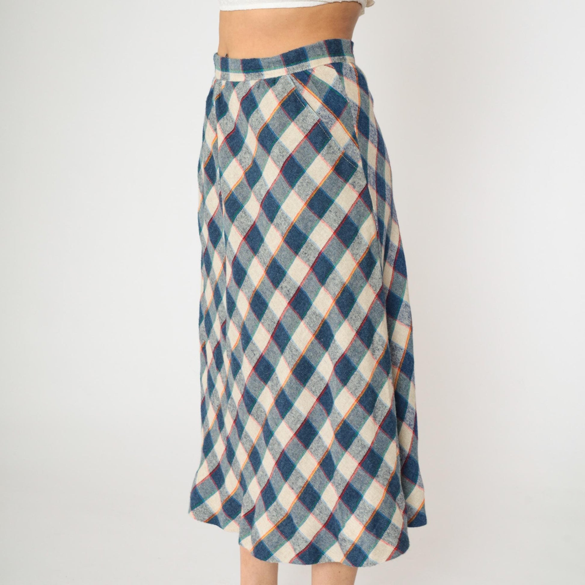 80s Blue Cream Checkered Skirt High Waist Knee Length Medium