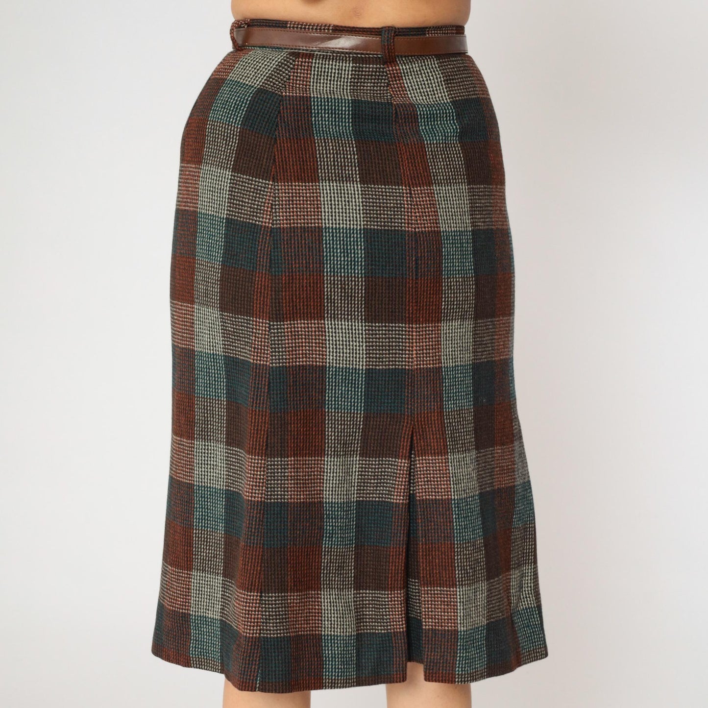 80s Wool Checkered Midi Skirt High Waist Pleated Orange Teal Brown Small