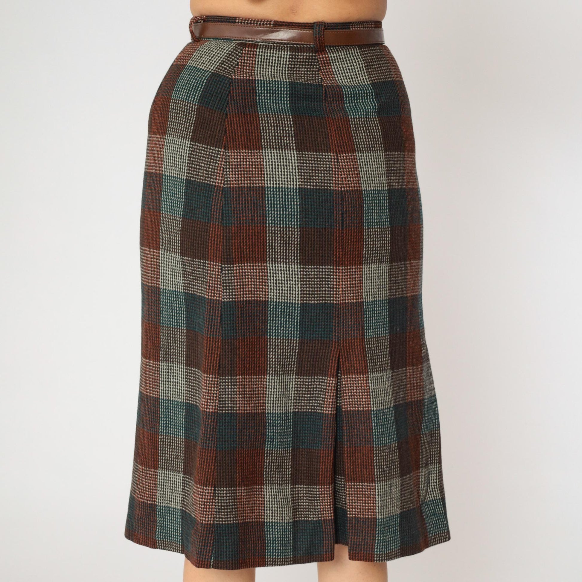 80s Wool Checkered Midi Skirt High Waist Pleated Orange Teal Brown Small