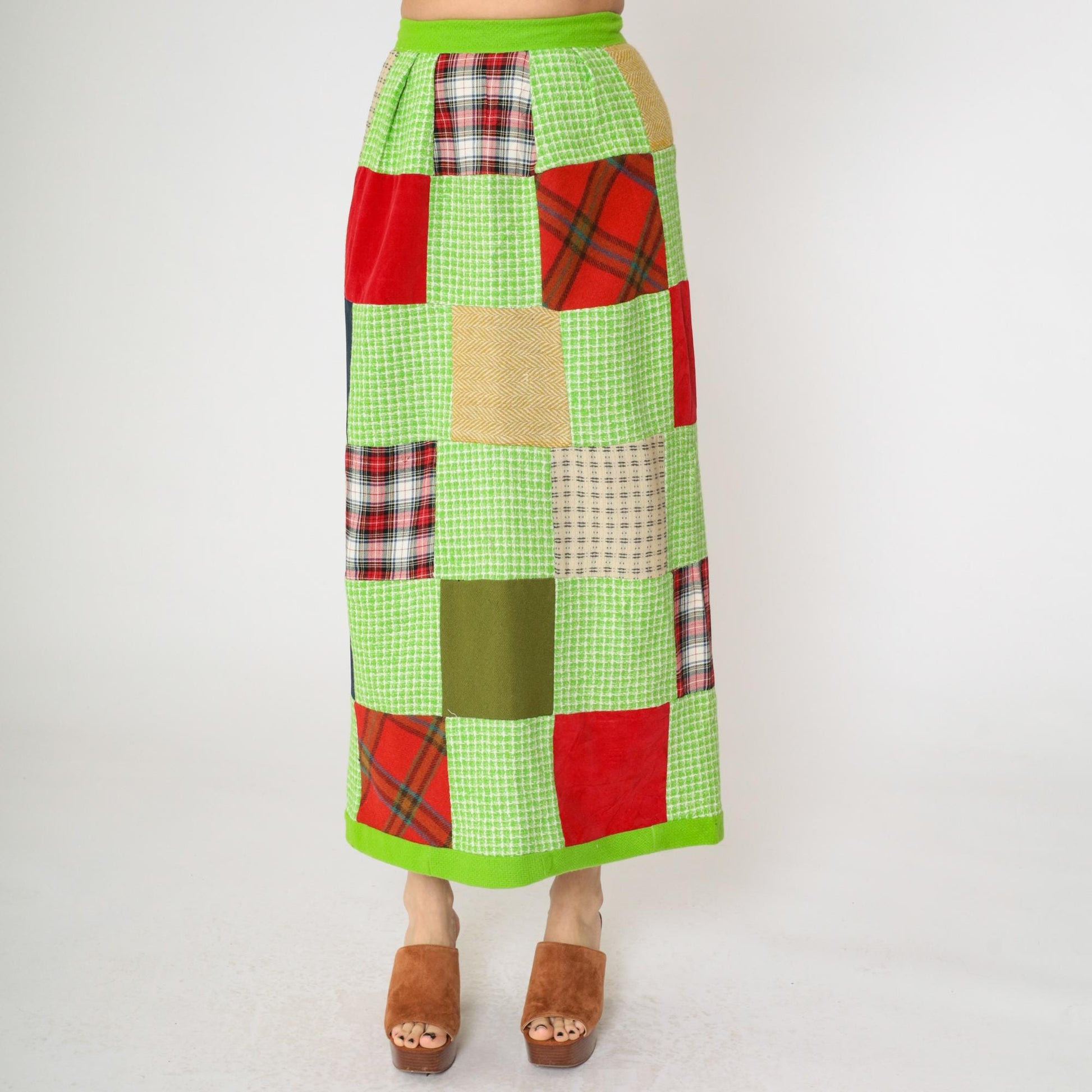 1970s Patchwork Plaid Maxi Skirt Lime Green Checkered Small