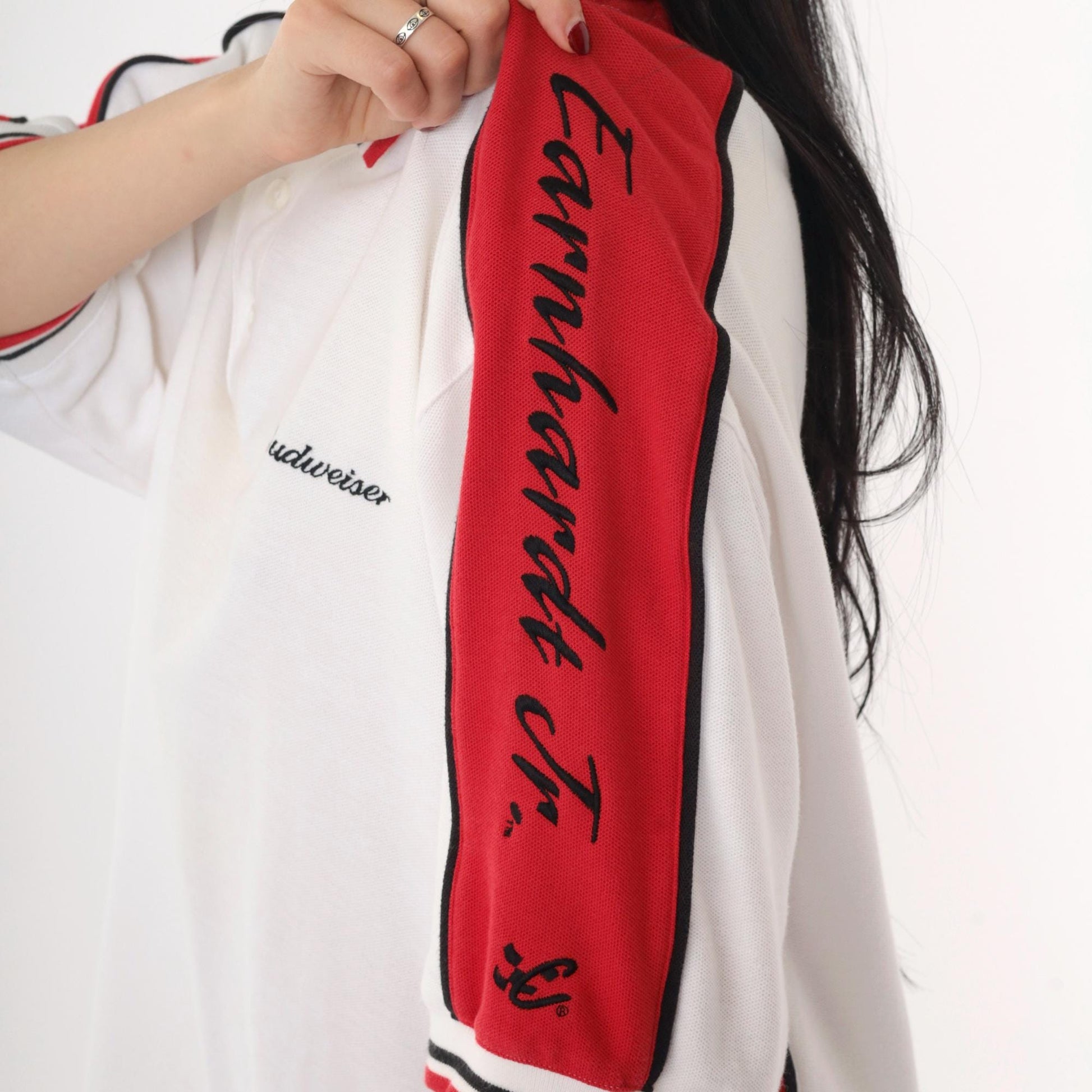 Y2K Budweiser Dale Earnhardt Jr NASCAR Polo Shirt White Red Striped XL