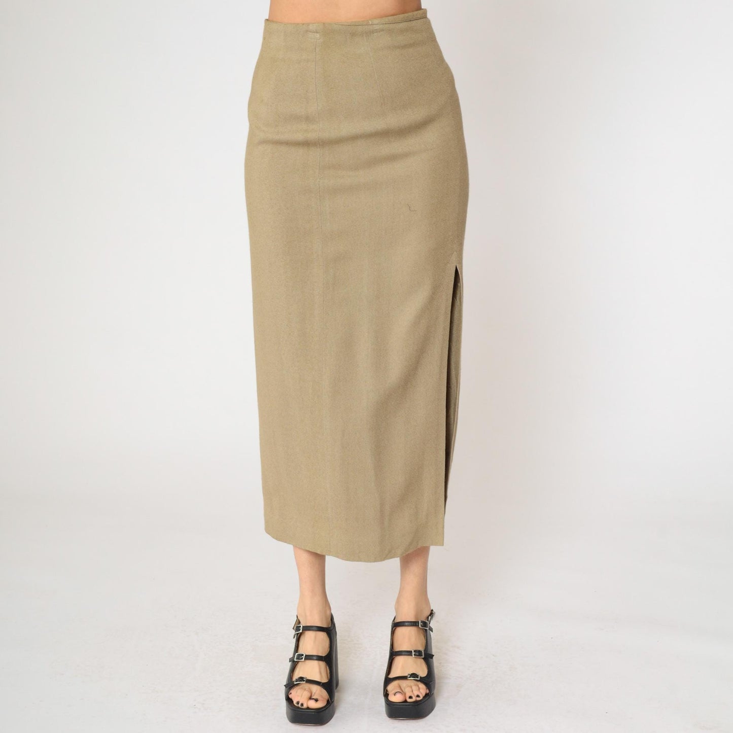 90s Express Khaki Maxi Skirt High Waisted Side Slit Straight Small S
