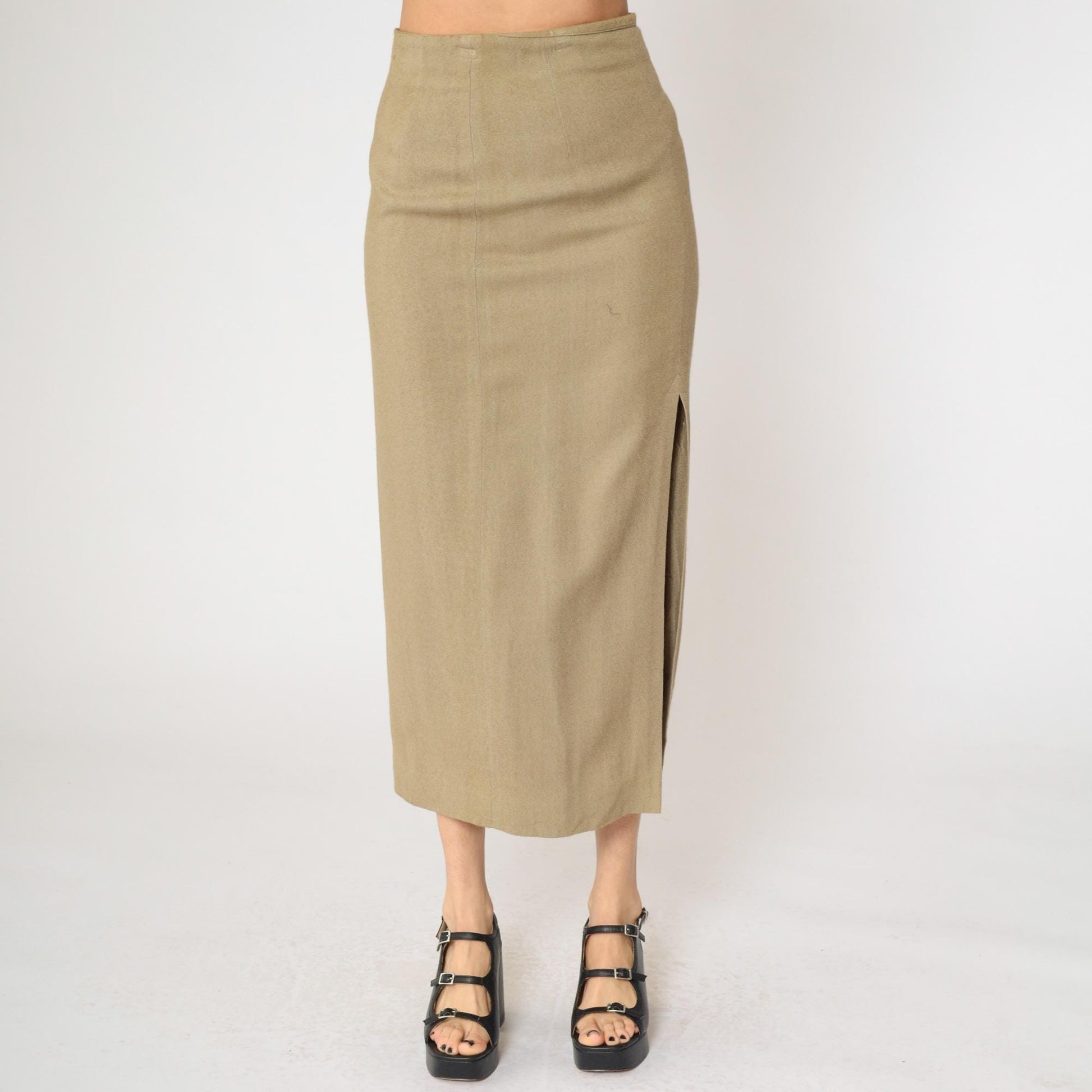 90s Express Khaki Maxi Skirt High Waisted Side Slit Straight Small S