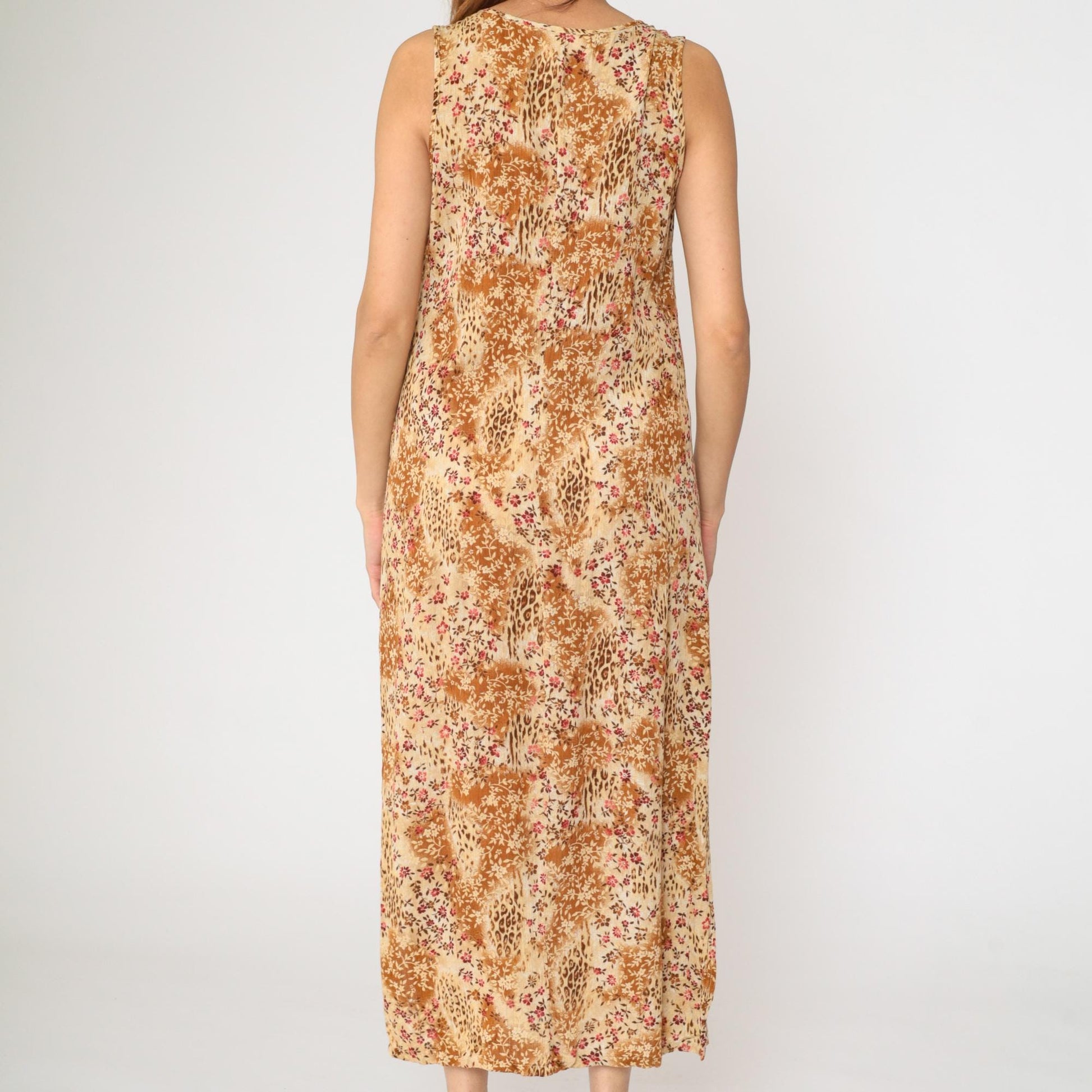 90s Kathie Lee Leopard Floral Midi Dress High Waist Sleeveless Beige Burnt Orange Medium
