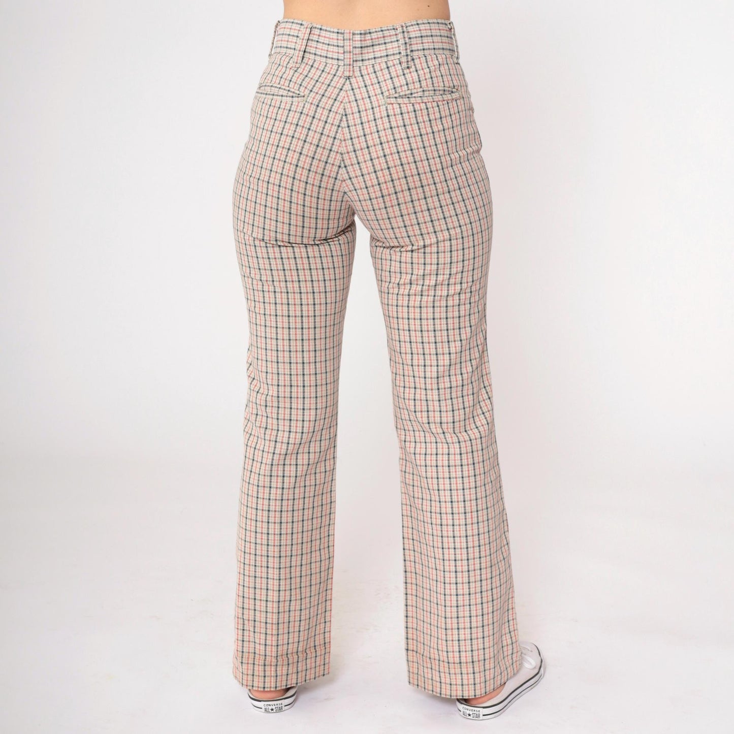 70s Plaid High-Waisted Flared Trousers Beige Red Navy Checkered Small