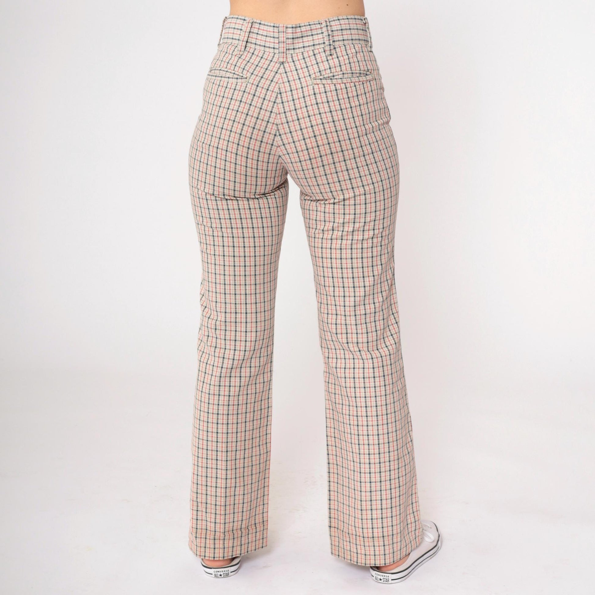70s Plaid High-Waisted Flared Trousers Beige Red Navy Checkered Small