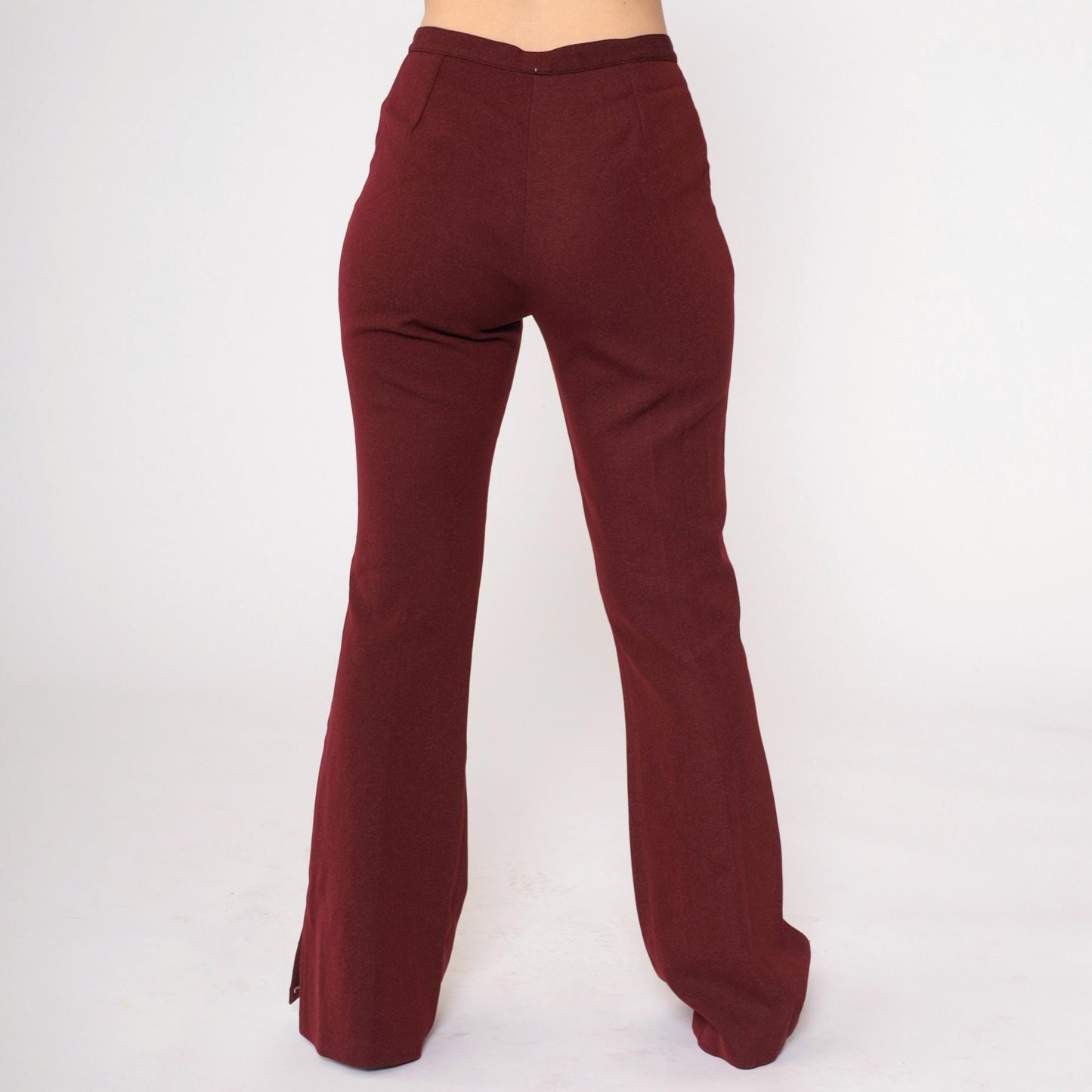 70s Burgundy Bell Bottom Pants High Waist Flared Leg Side Slits Small