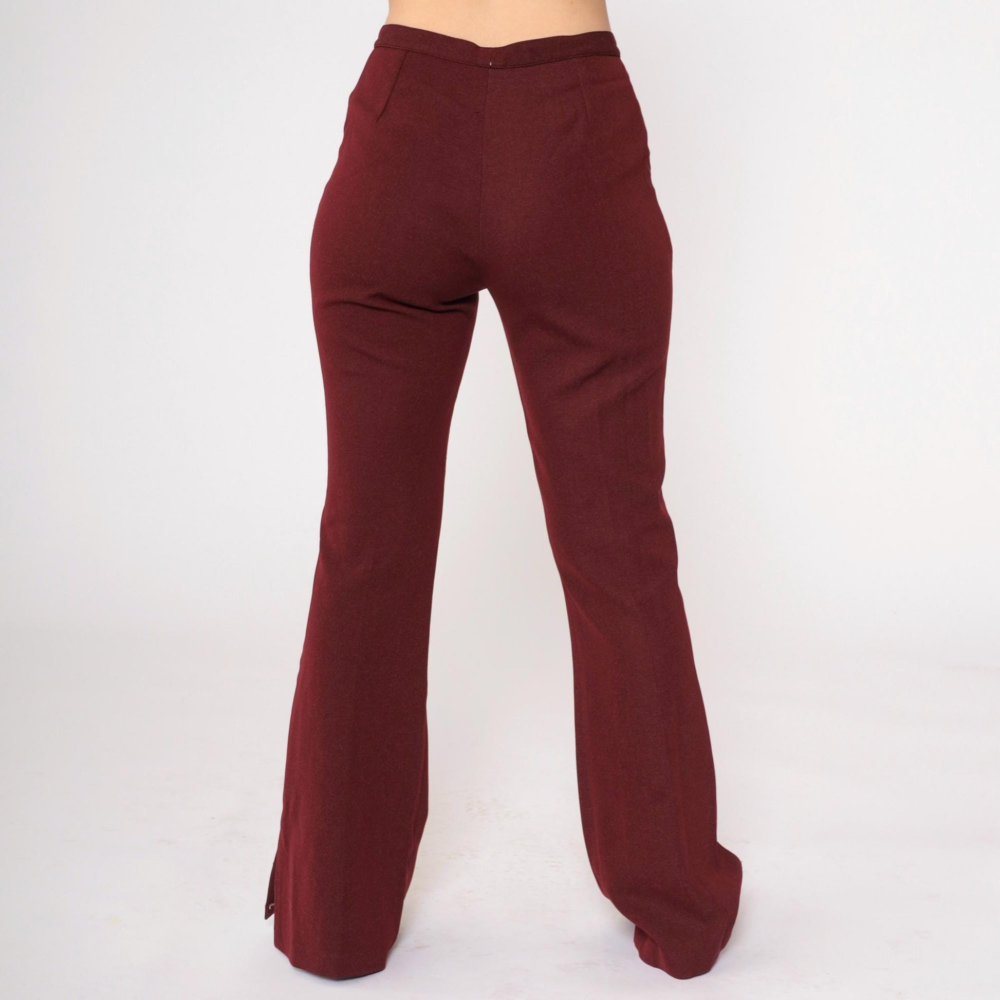70s Burgundy Bell Bottom Pants High Waist Flared Leg Side Slits Small