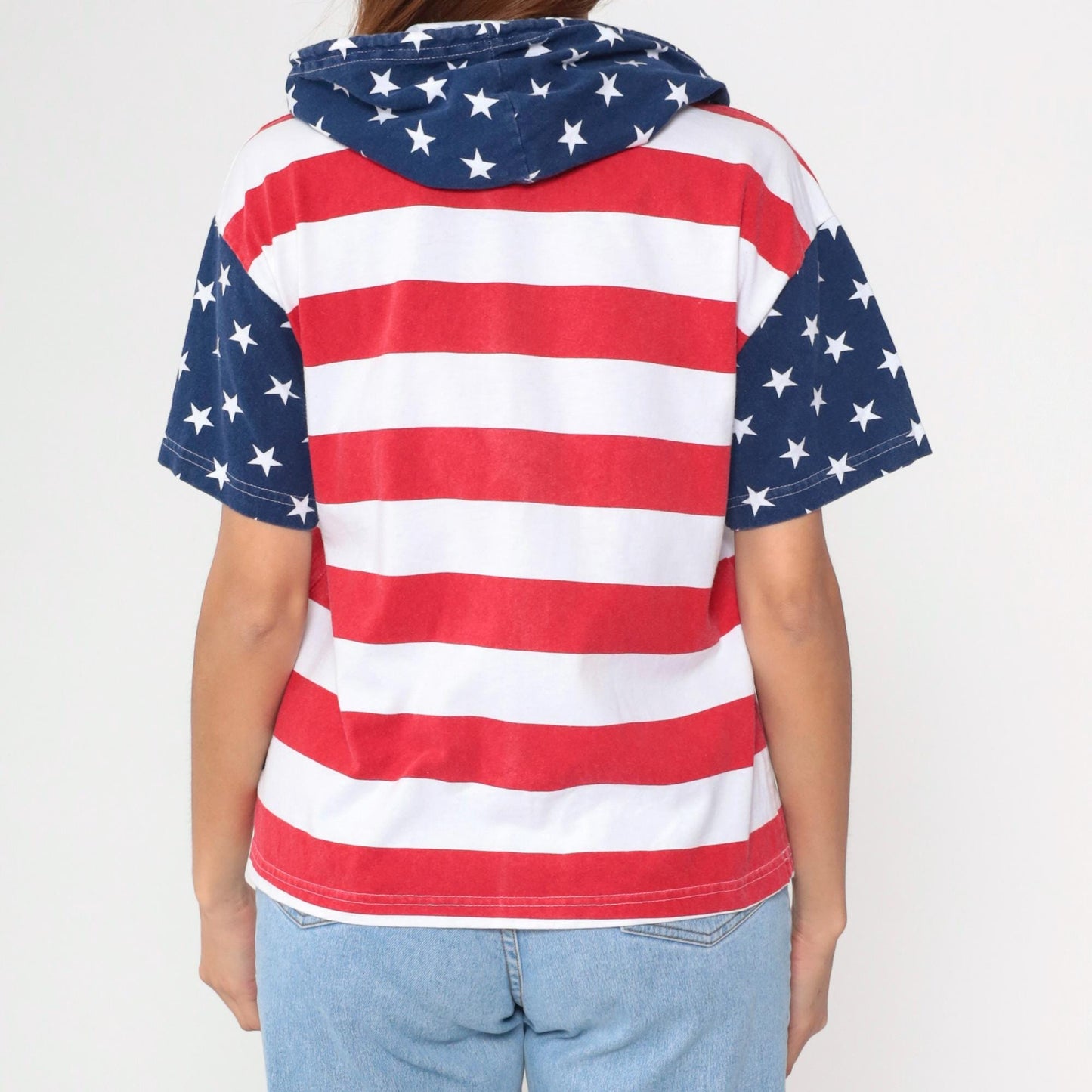 90s American Flag Stars and Stripes Hooded T-Shirt Cotton Youth Extra Large
