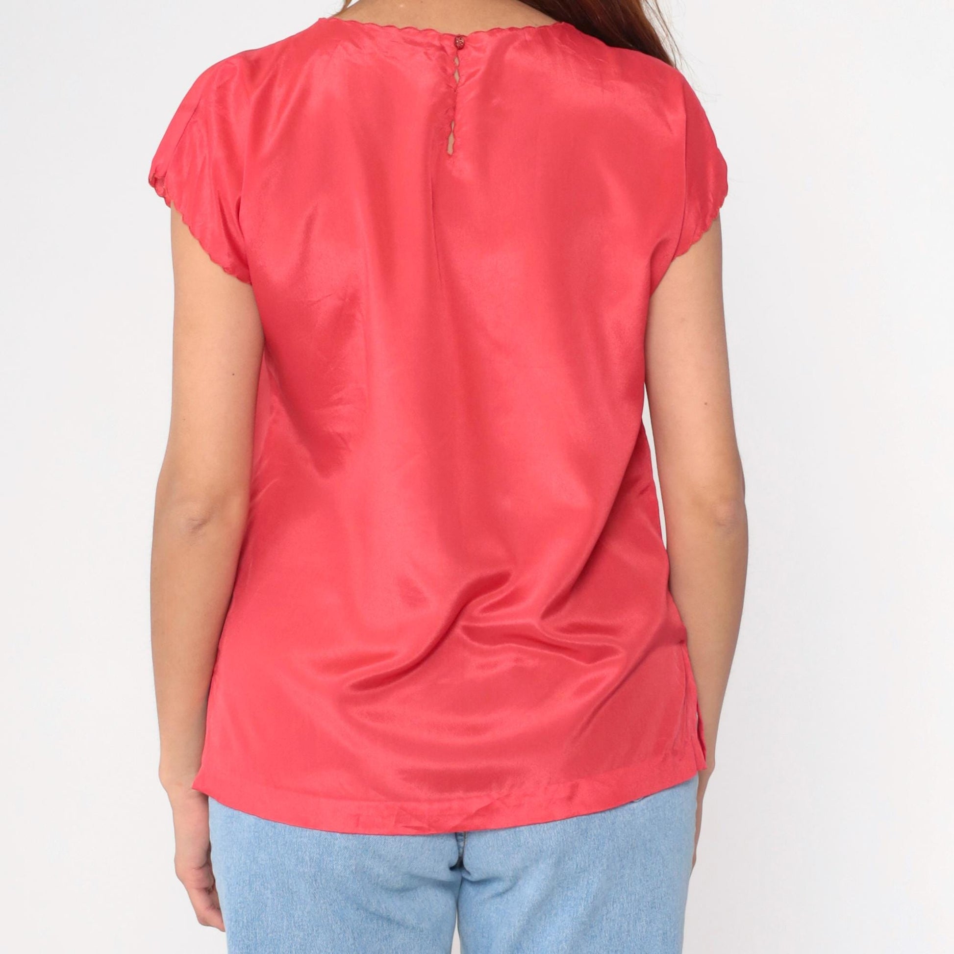 90s Coral Satin Blouse Floral Embroidered Cutwork Short Sleeve Medium
