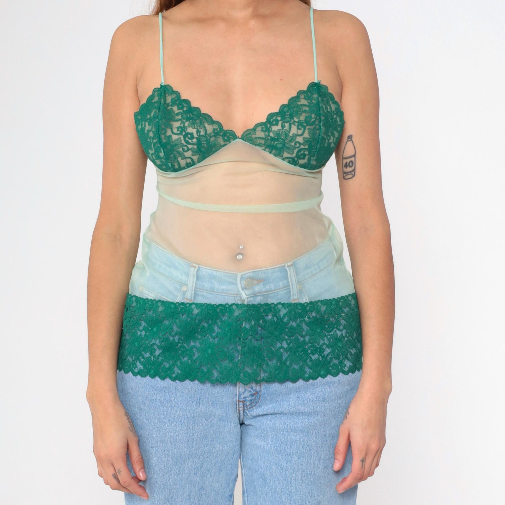 Y2K Mint Green Lace Cami Top Sheer Mesh Spaghetti Strap Lingerie Extra Small