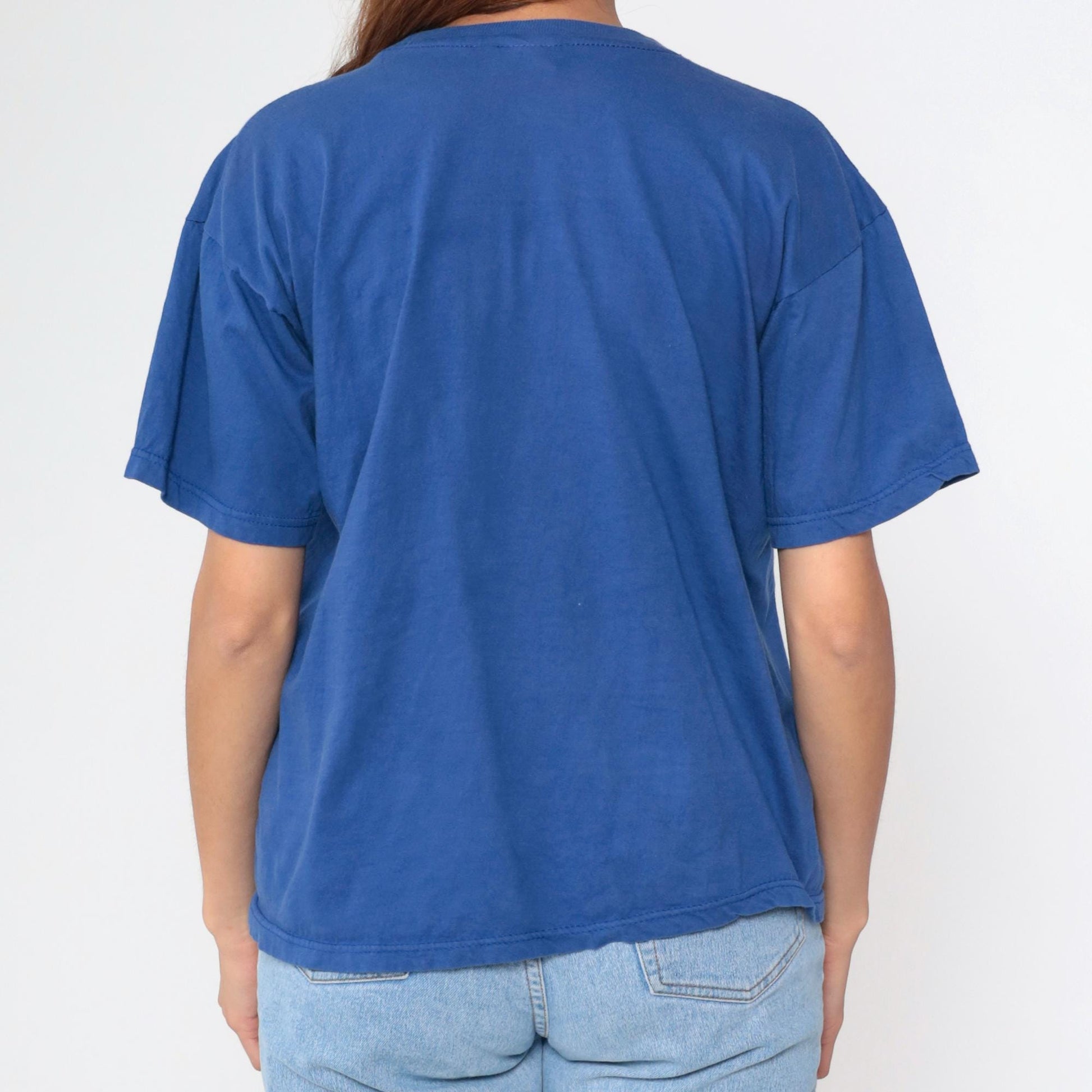 Y2K India Elephant Embroidered T-Shirt Blue Mirrored Graphic Tee Medium Large