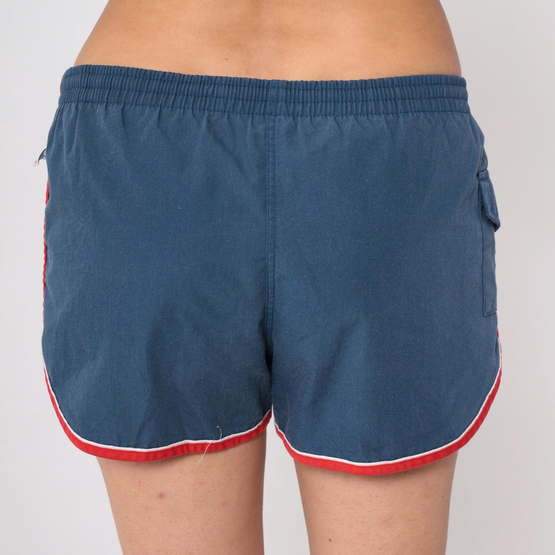 80s Catalina Swim Trunks Dark Blue Red Trim Drawstring Medium