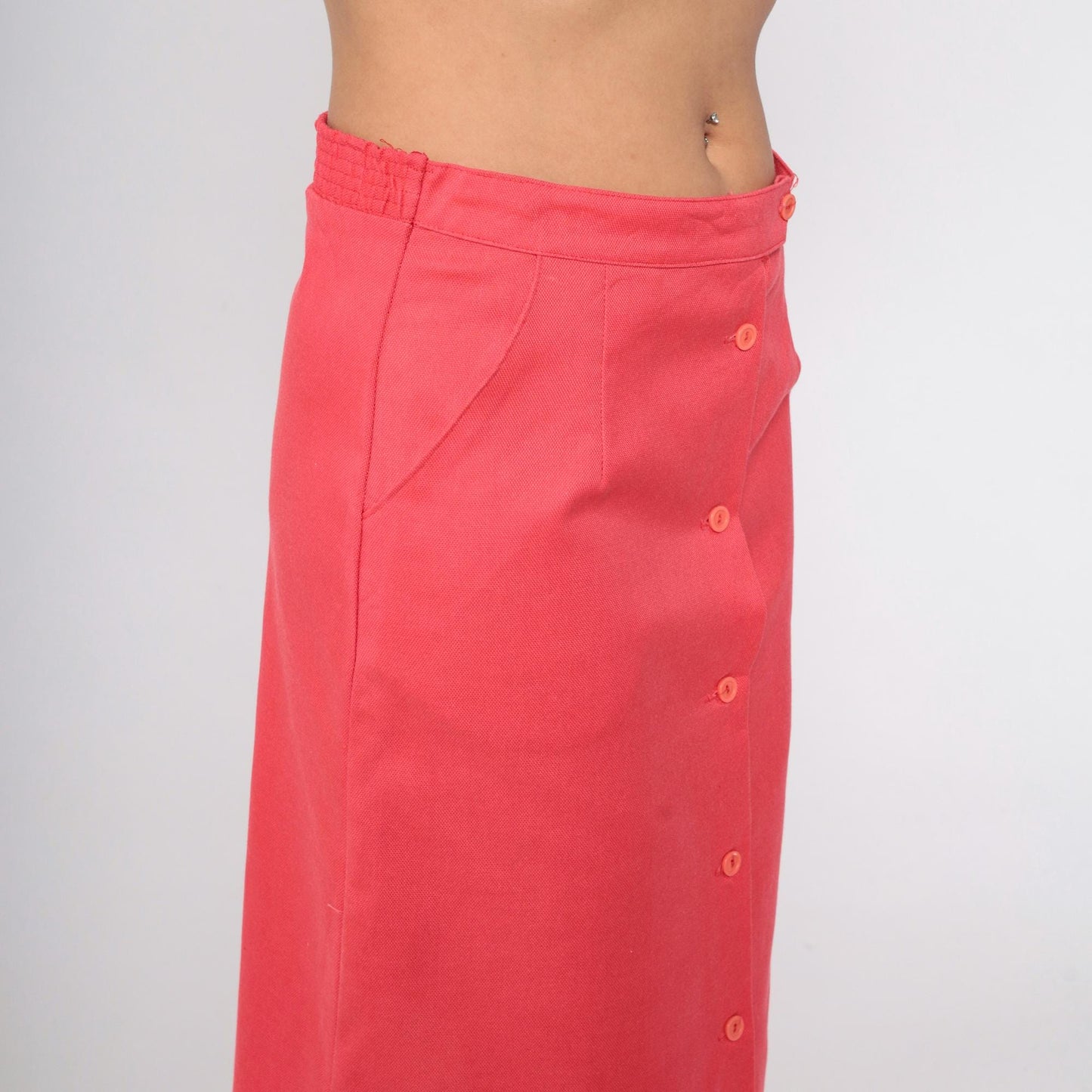 70s Sears Button-Front Midi Skirt Coral Pink High Waist Medium