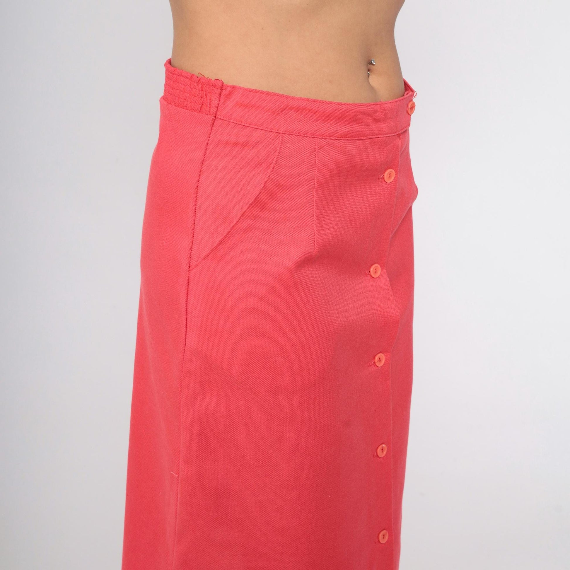70s Sears Button-Front Midi Skirt Coral Pink High Waist Medium